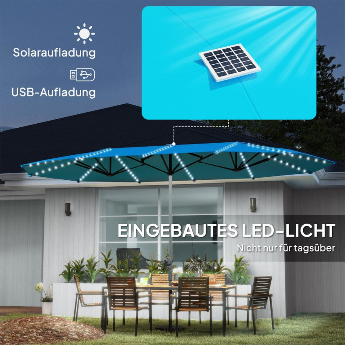 SONNENSCHIRM Doppelsonnenschirm LED Solar Blau - Blau, Metall (267/451cm) - ComfortXL
