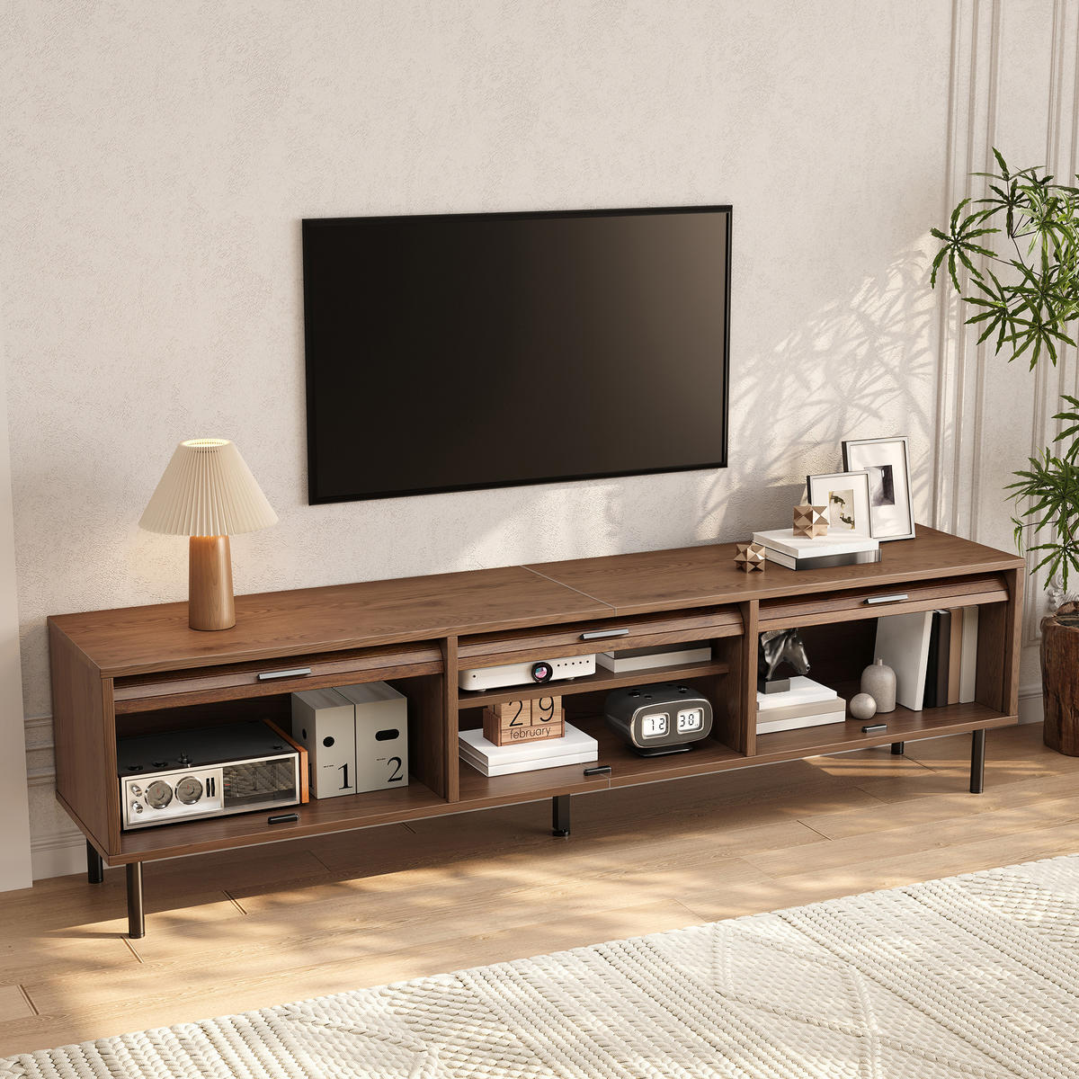 TV-LOWBOARD 180 x 40 x 55 cm aus MDF, 3 Schiebetüren, schwarze Metallfüße, Walnuss - Walnussfarben, Holzwerkstoff (180/55/40cm)