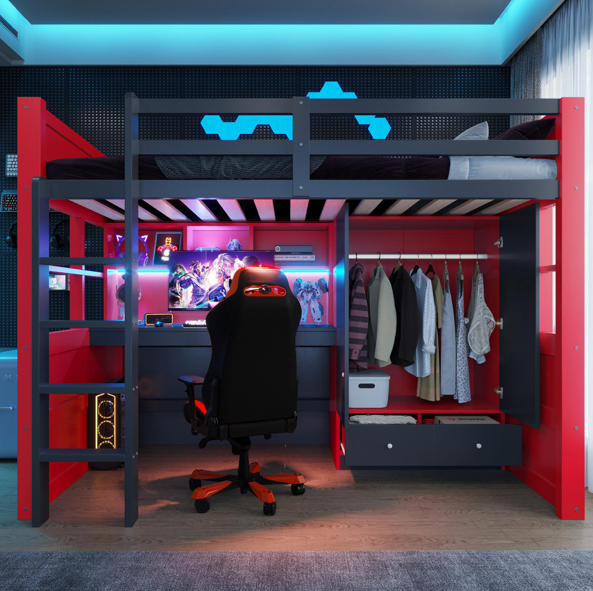 HOCHBETT 90/200 cm in Schwarz-Rot mit Schreibtisch, Stauraum und LED-Beleuchtung - Schwarz, Holz (90/200cm) - Flora Grace