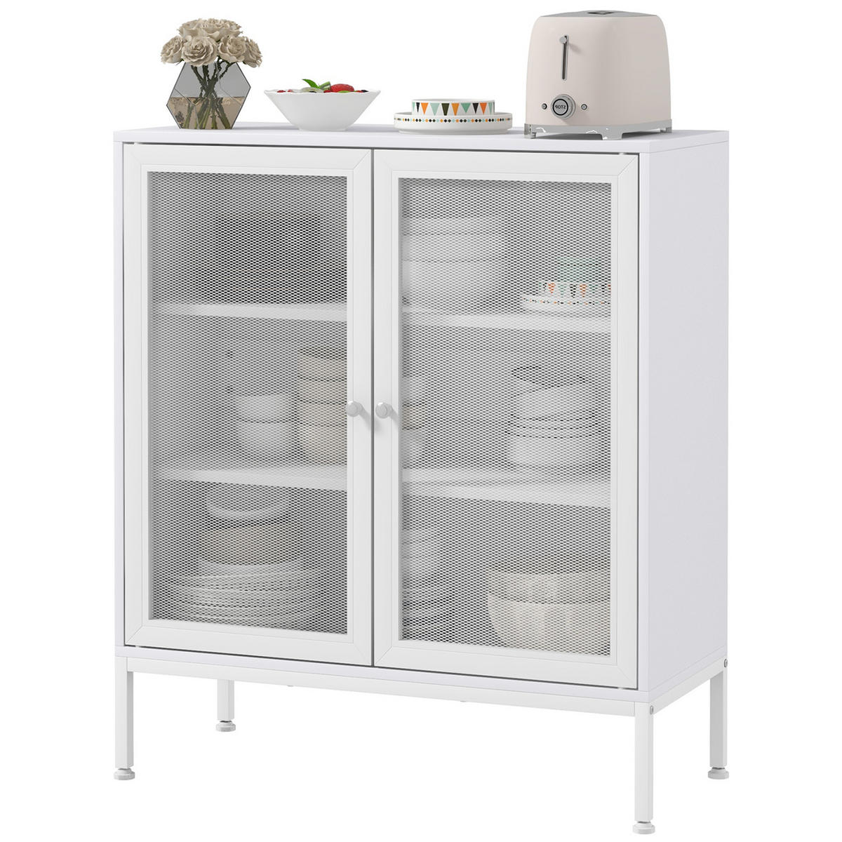 SIDEBOARD DE-11088 3 Ebenen, 2 Gittertüren & verstellbarer Boden Weiß - Weiß, Holzwerkstoff (37/92/80cm) - ComfortXL