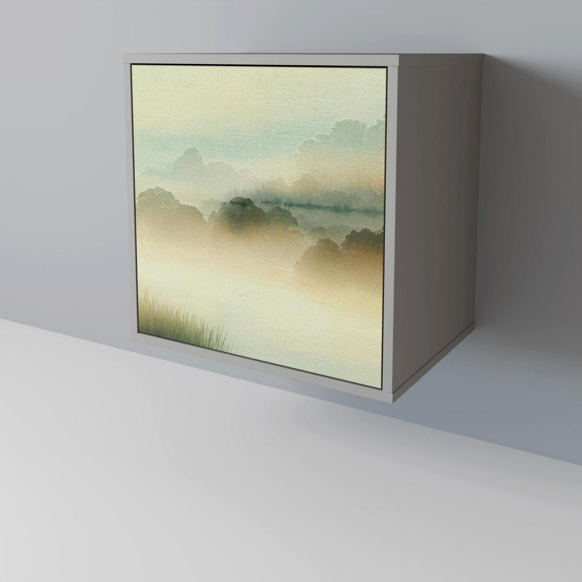 SIDEBOARD MORNING BY THE LAKE, Grau, 57,5x42x75,5 cm, Goldfarbene Metallfüße - Goldfarben/Multicolor, Holzwerkstoff/Metall (57.5/75.5/42cm) - SpaceRebels
