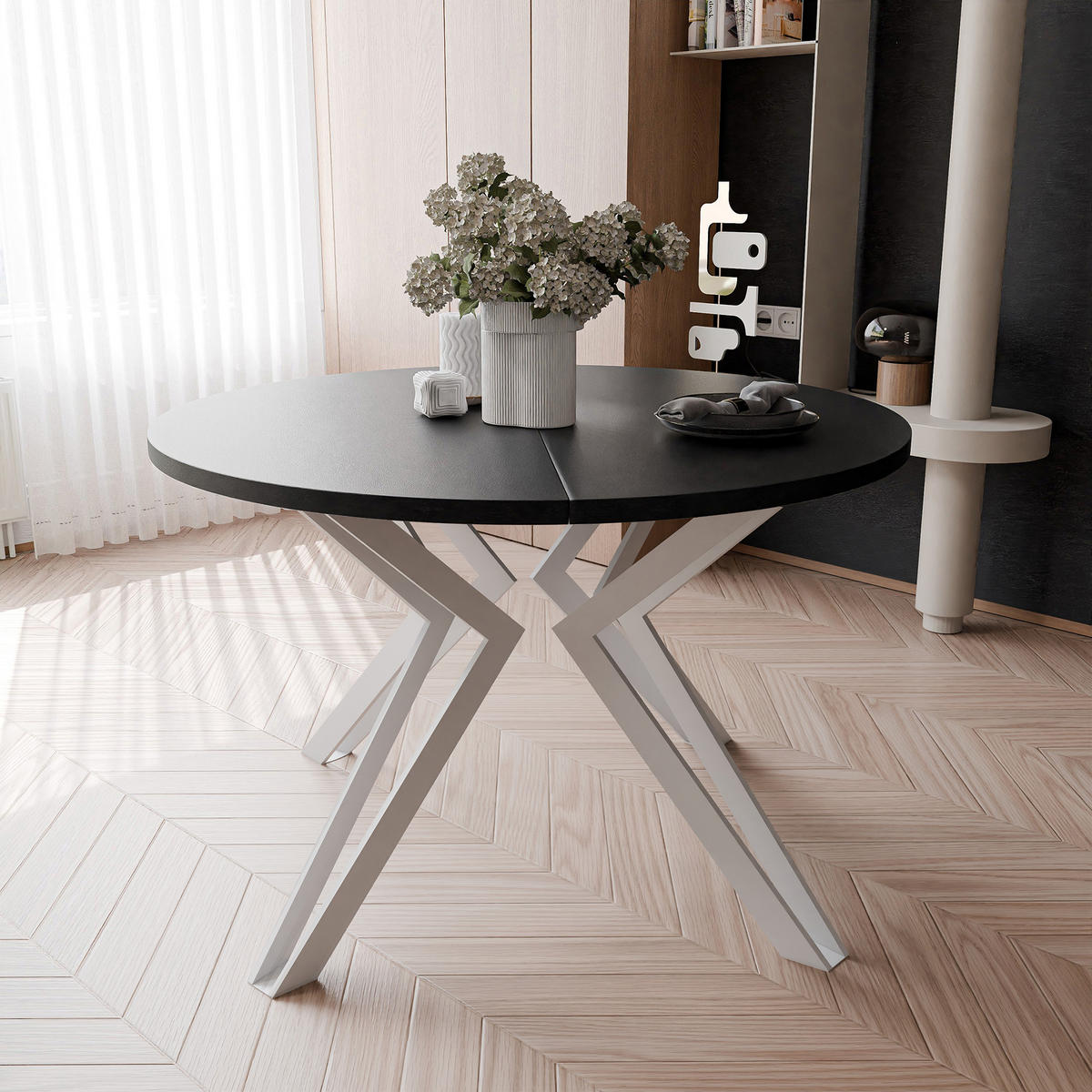 ESSTISCH ausziehbar aus MDF, Schwarz - Schwarz/Weiß, Holzwerkstoff (120/120/76cm) - Idohome