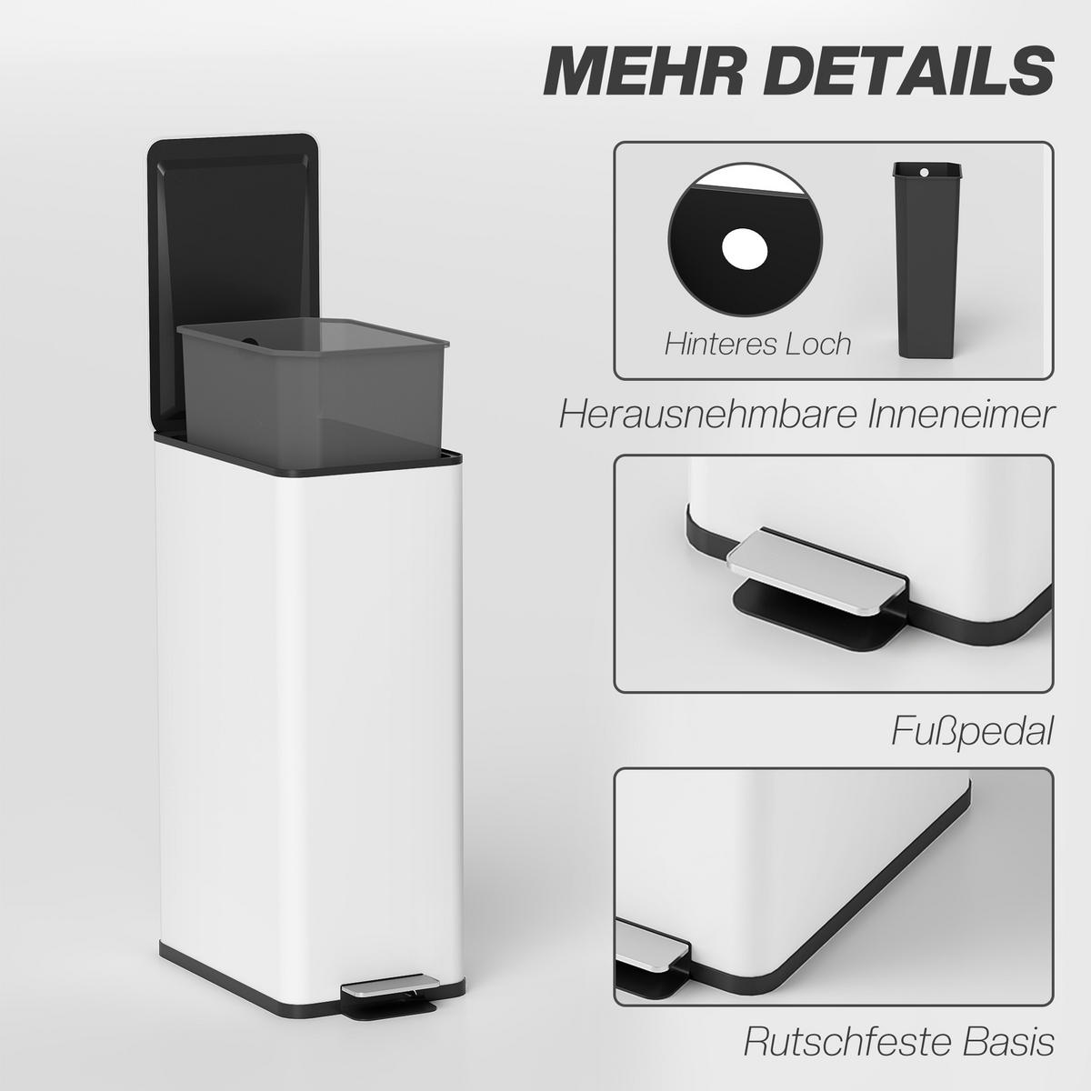 MÜLLEIMER Edelstahl Kunststoff Weiß - Weiß, Metall (37.2/57/21.5cm) - HOMCOM