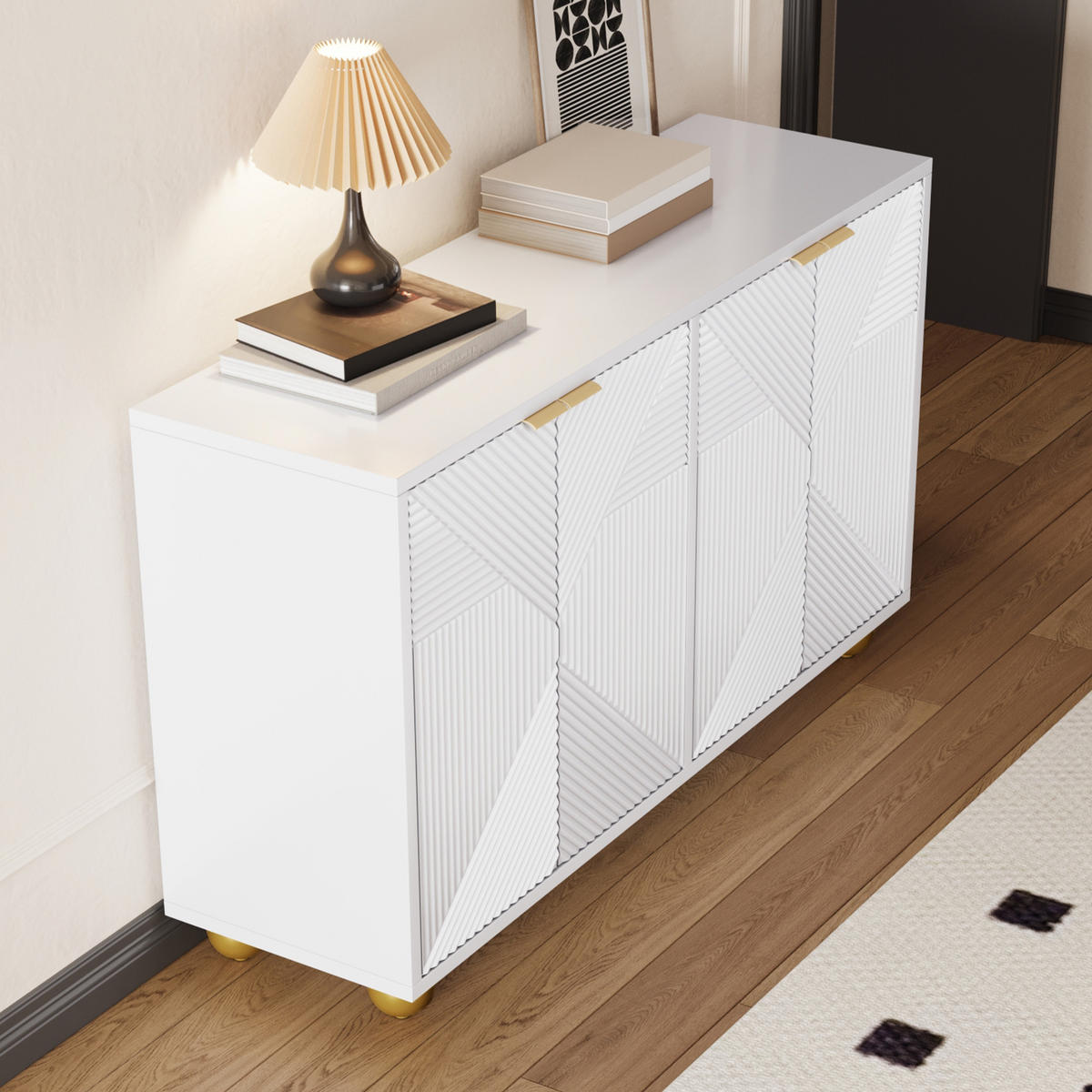 SIDEBOARD in Weiß Anrichte mit kugelförmigen Beinen für Wohnzimmer und Schlafzimmer, B120/T35/H71.5 cm - Goldfarben/Weiß, Holzwerkstoff/Metall (120/71.5/35cm) - STILVORA