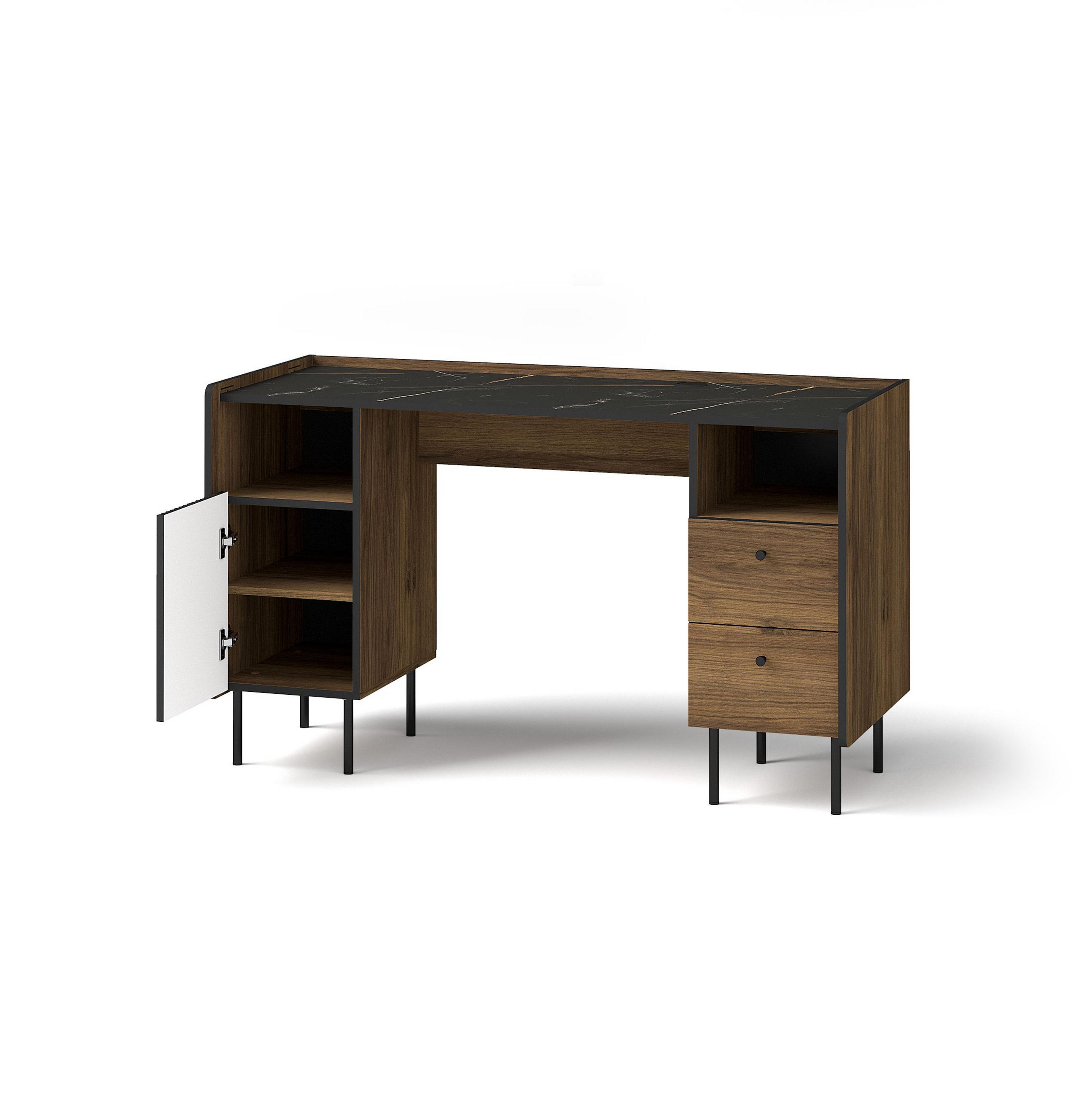 SCHREIBTISCH Prestigo Schwarz, Warmia Walnuss, mit Schubladen - Walnussfarben/Schwarz, Holzwerkstoff (55/135/79cm) - Bettso