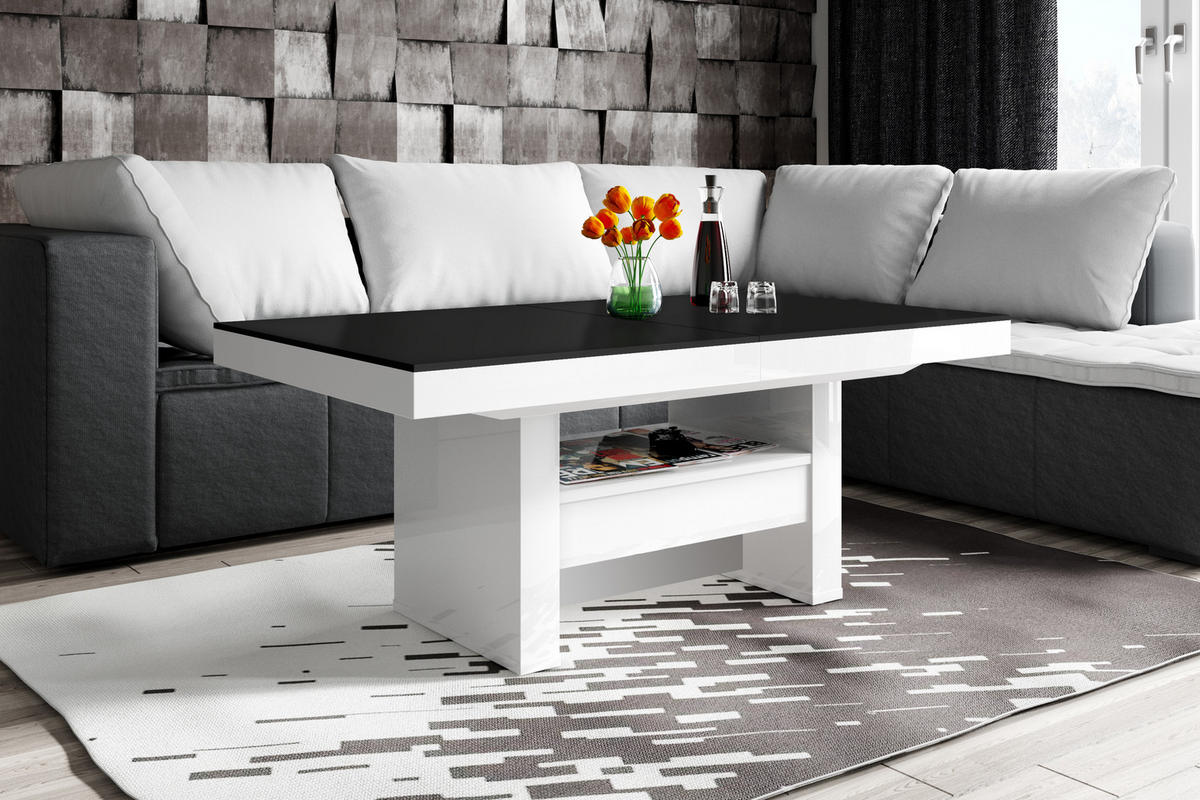 COUCHTISCH rechteckig Schwarz matt Weiß Hochglanz Höhenverstellbar ausziehbar 12/75/55 cm - Weiß Hochglanz/Schwarz, Holzwerkstoff (75/120/55cm)