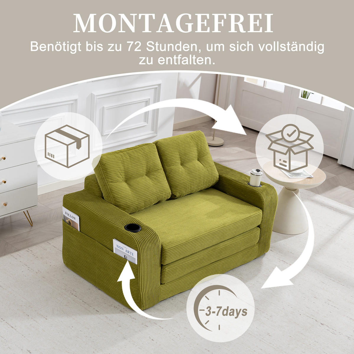 SCHLAFSOFA in Olive Cord mit Getränkehalter und Seitentaschen - Olivgrün, Textil (136/82.5/80cm) - Oxeza