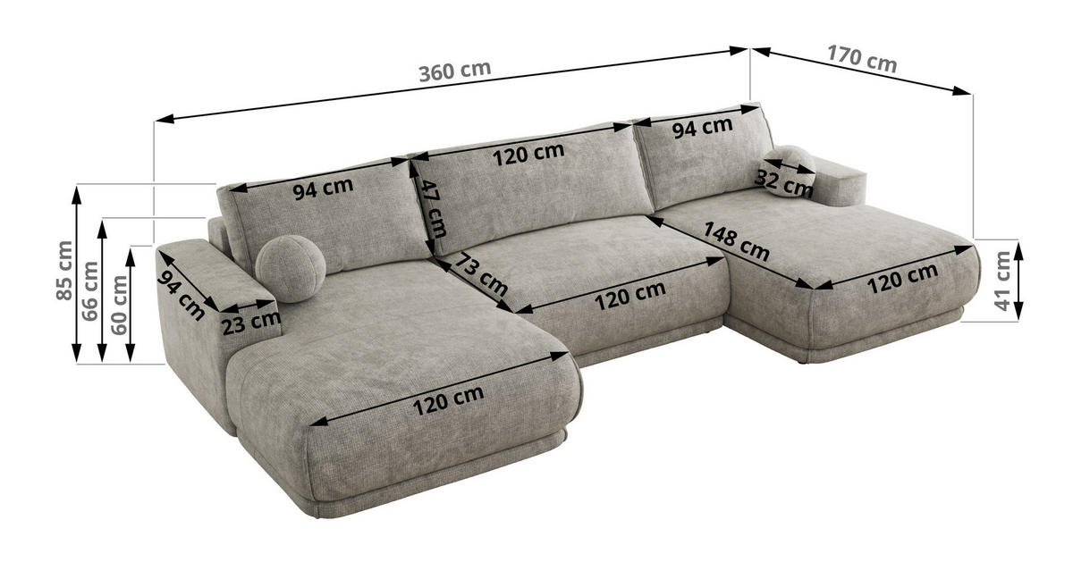 SEDACIA SÚPRAVA RINA U Svetlosivá Hrubo tkaná ženilka - čierna/svetlosivá, textil/plast (360/85/170cm) - MKS
