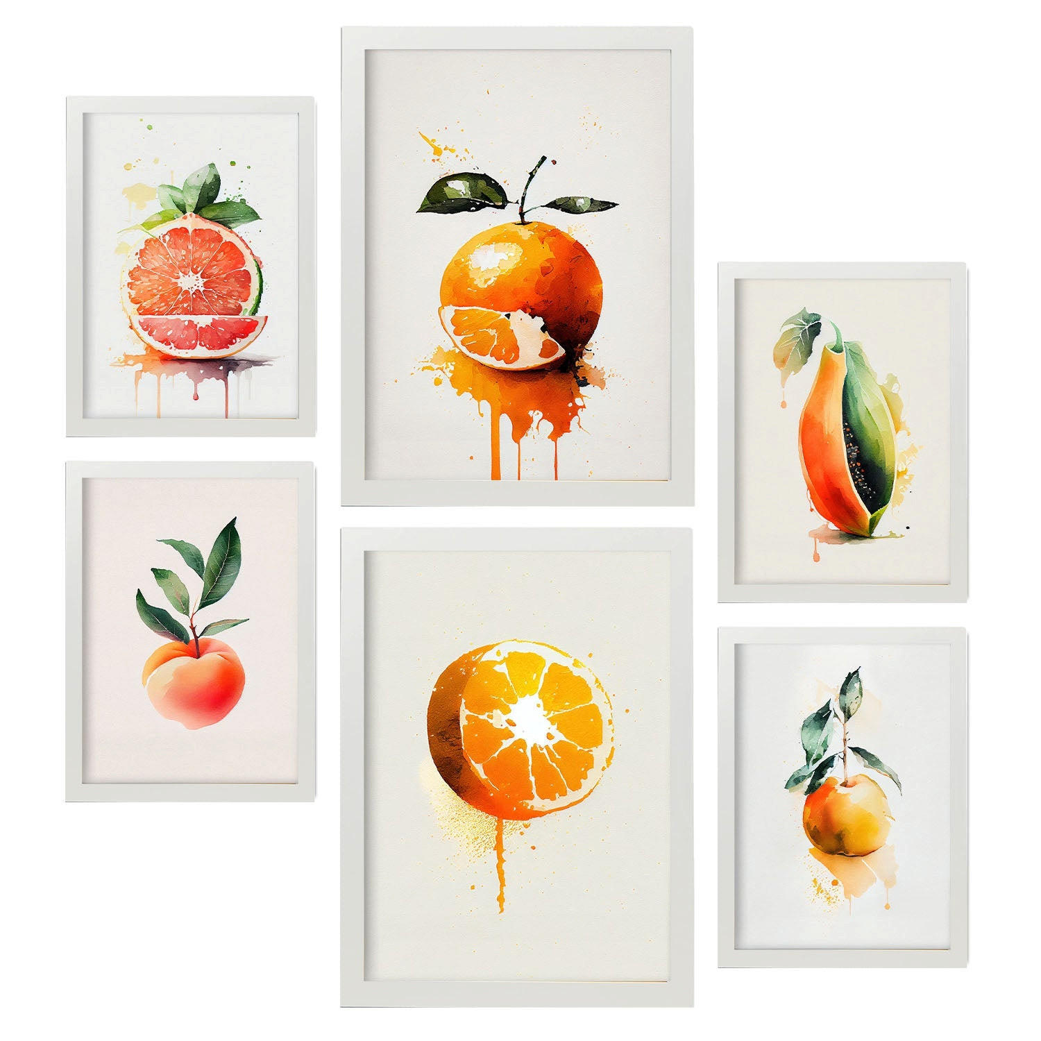POSTER Set Mit 6 Zitrus Plakate Von Obst, Gemüse Und Gesunden Lebensmitteln Im Aquarell Kunst Stil Auf Reinweißen Hintergründen A3 & A4 Weißer Rahmen - Weiß, Papier (29/3cm) - Nacnic