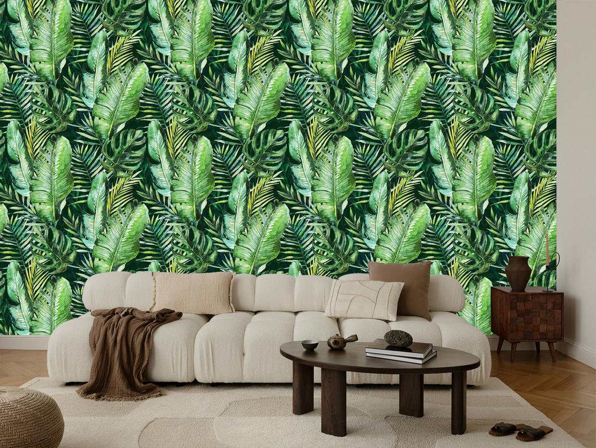 VLIESTAPETE Tropische Palmblätter – Grün – 50x1000 cm - Grün, Papier (50/1000cm) - Muralo