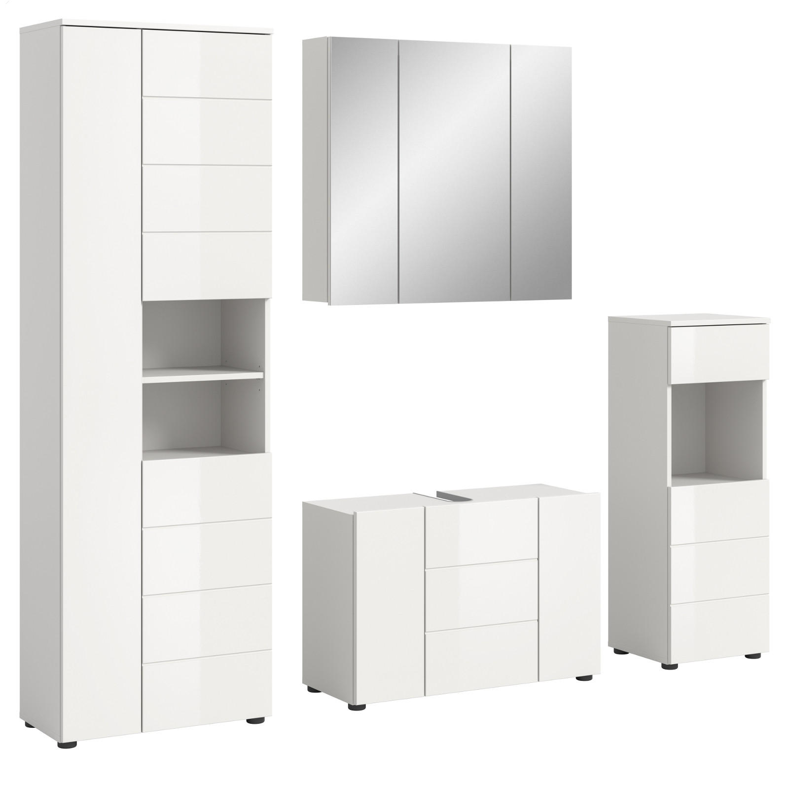 BADZIMMER-SET 4-teilig weiß Hochglanz 210 x 190 cm, Badmöbel mit viel Stauraum - Weiß Hochglanz/Schwarz, Holzwerkstoff/Kunststoff (210/190/34cm) - Inn.Furn