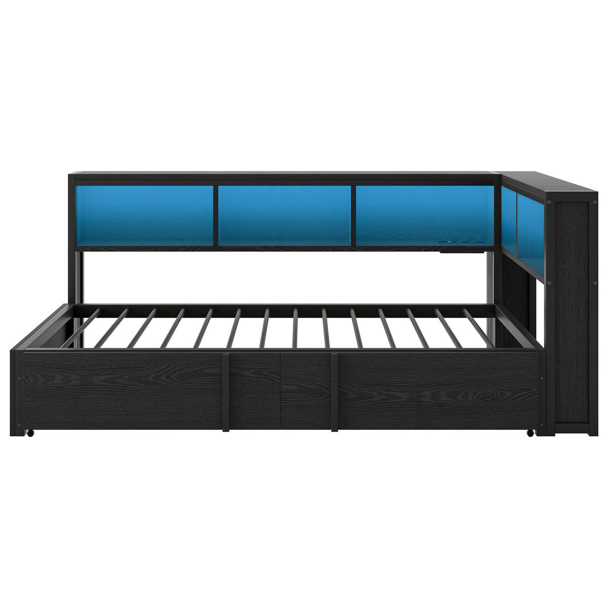 AUSZIEHBETT 90/200 cm DE-03418, mit Stauschränken, LED und USB, in Schwarz - Schwarz, Holzwerkstoff/Metall (90/200cm) - ComfortXL