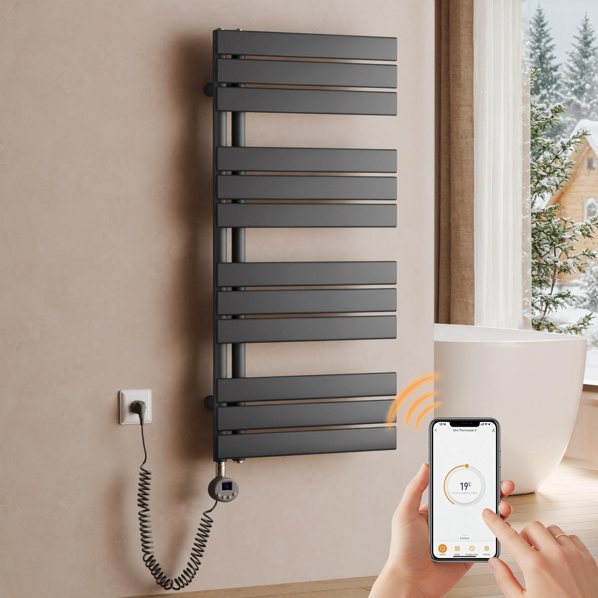 HANDTUCHHEIZKÖRPER 104,1/50 cm anthrazit elektrisch 600 W mit WLAN-Thermostat - Anthrazit, Metall (50/104/5.9cm) - S'AFIELINA