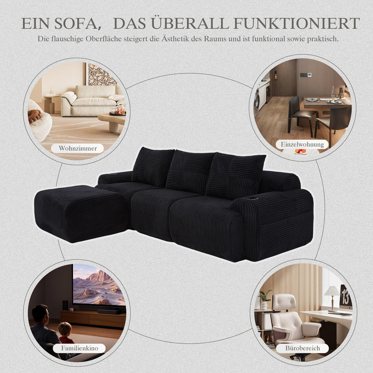 MODULARES 3-Sitzer Sofa Cordstoff mit Getränkehalter und Seitentasche 268/174/80 cm Schwarz - Schwarz, Textil (174/268cm) - Redom