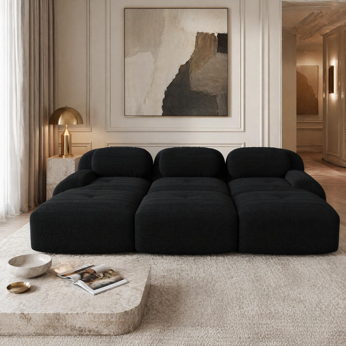 MODULARES Ecksofa aus Cordstoff Schwarz 298x178x70 cm mit Hockern und geschwungenen Armlehnen - Schwarz, Textil (178/298cm) - IVMEU