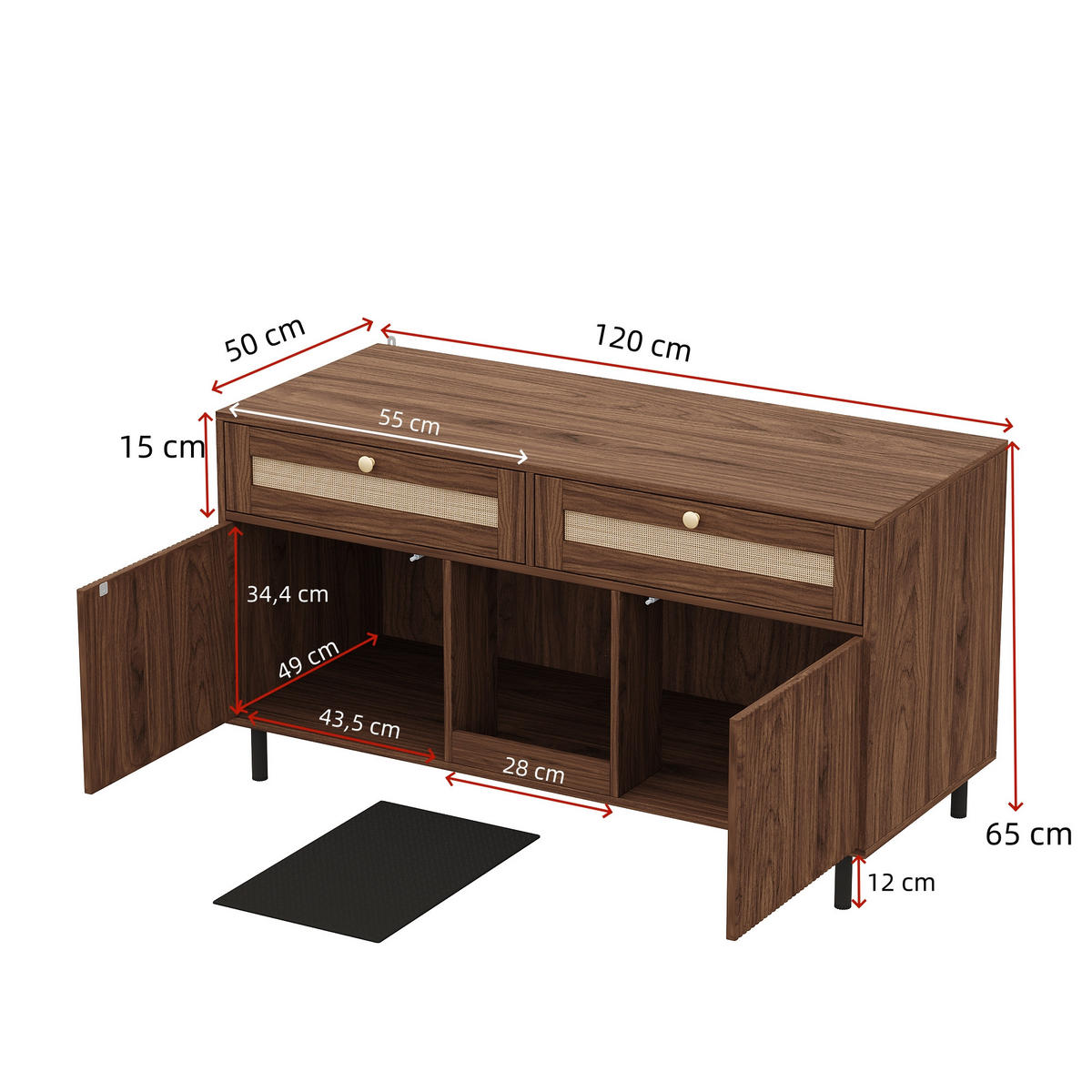 SIDEBOARD Nussbaumfarben 120×50×65 cm, multifunktionaler Katzentoilettenschrank mit Rattan-Details - Nussbaumfarben, Holzwerkstoff (120/65/50cm) - Luhomfu