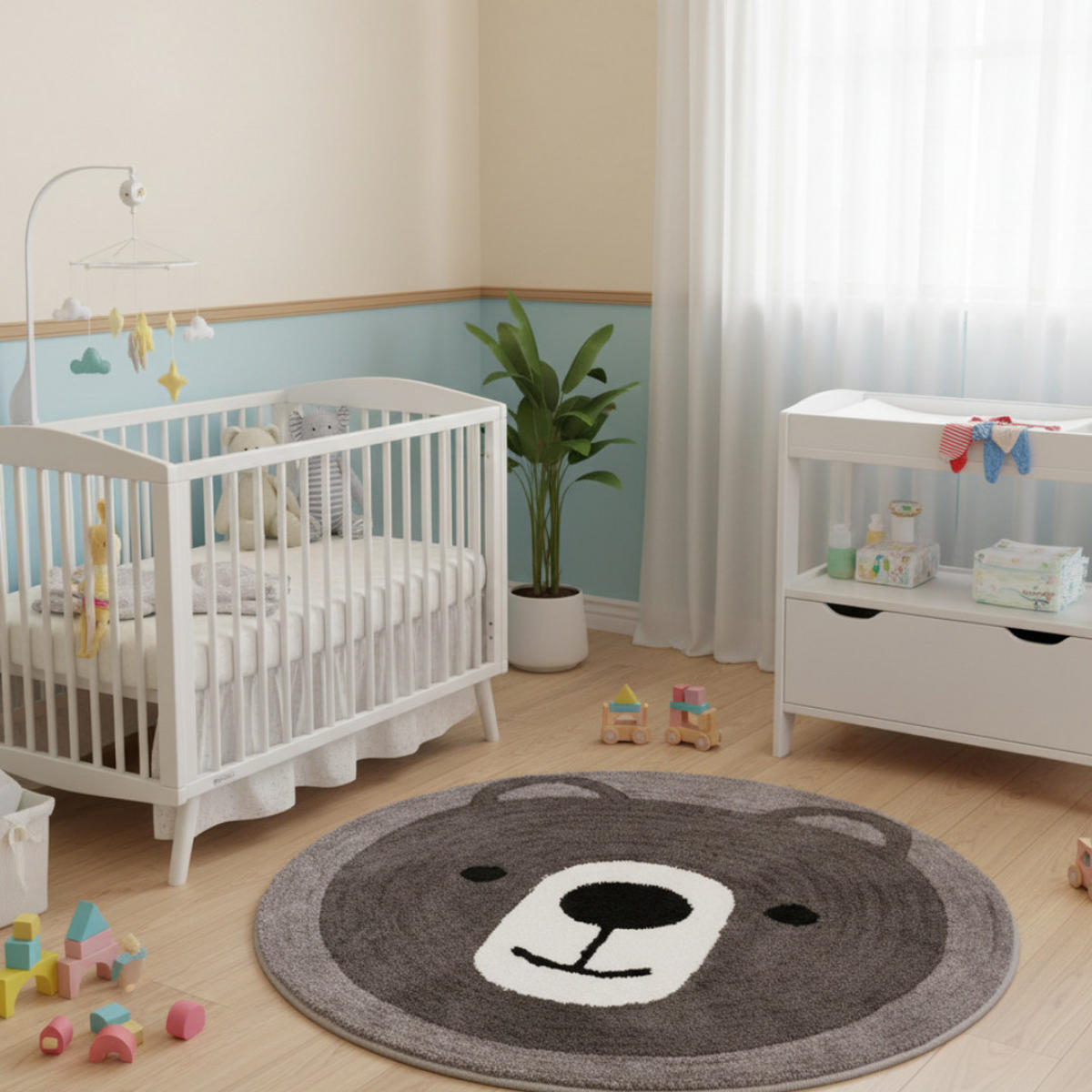 KINDERTEPPICH Bär Rund, Ø100 cm, Grau, Weich, Waschbar, Spielteppich, Kinderzimmer, Babyzimmer, Rutschfest, Deko, Kuschelig, Tiermotiv, Pflegeleicht - Grau, Textil (100/100cm) - JUNG
