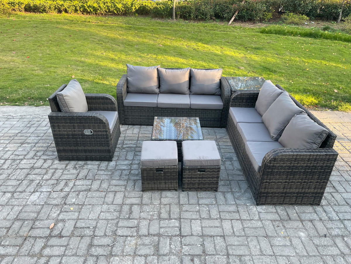 GARTENMÖBEL SET mit 3-SITZER SOFA Polyrattan Dunkelgrau 9-Sitzer - Dunkelgrau/Grau, Glas/Kunststoff - Fimous