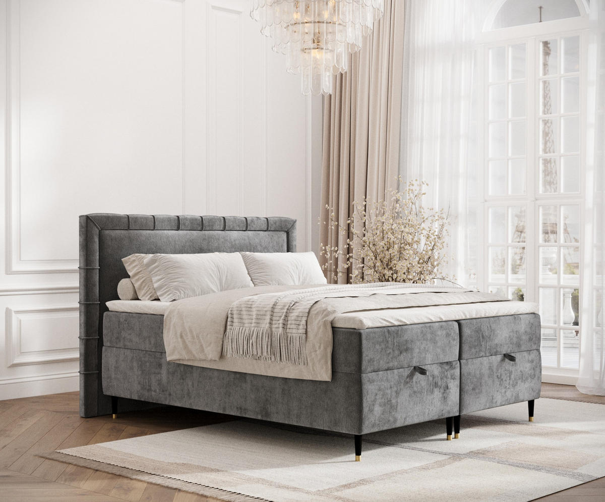 BOXBETT Monpelli Dunkelgrau 140/200 cm mit Matratze und Topper - Dunkelgrau/Schwarz, Holz/Holzwerkstoff (140/200cm) - Maison de Reve