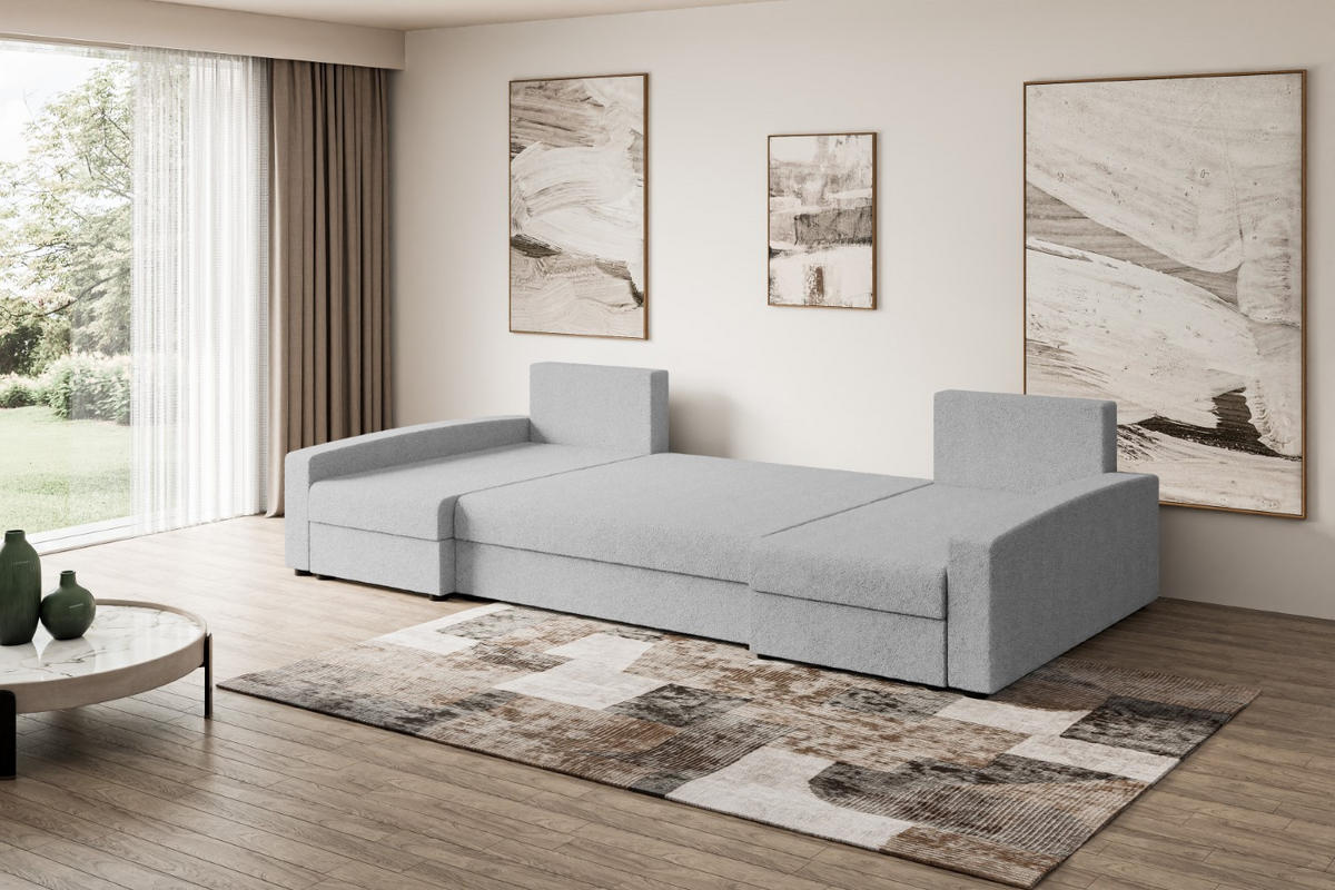 WOHNLANDSCHAFT mit Schlaffunktion und Bettkasten ALESIA-U 301x140x90 cm Grau Bouclé - Silberfarben/Hellgrau, Holzwerkstoff/Kunststoff (301/90/140cm) - ALTDECOR