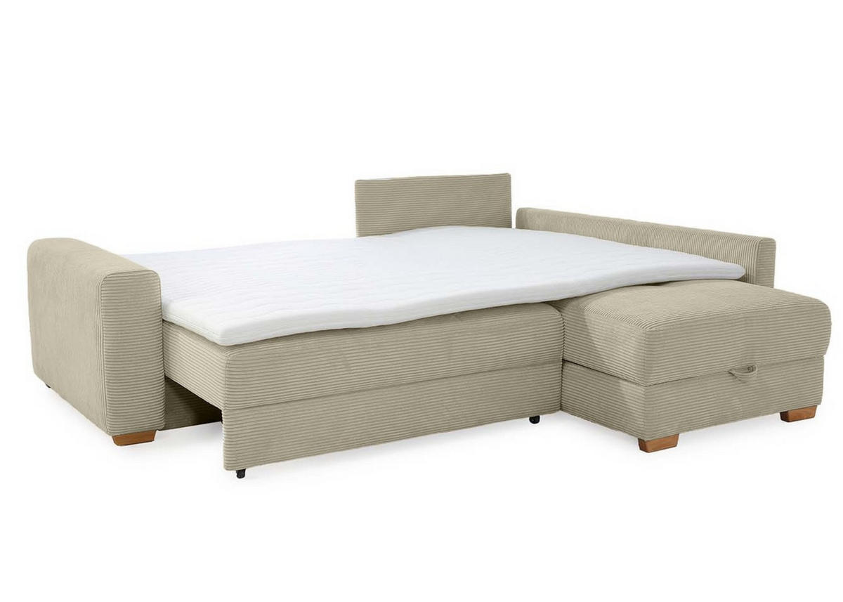 ECKSOFA-DAUERSCHLÄFER Boxspring Federkern Topper Bettkasten, seitenverkehrt montierbar B257/T206/H85 cm, Cord Beige Grau / 15212 - Greige/Eichefarben, Holz/Textil (257/206cm) - luma-home