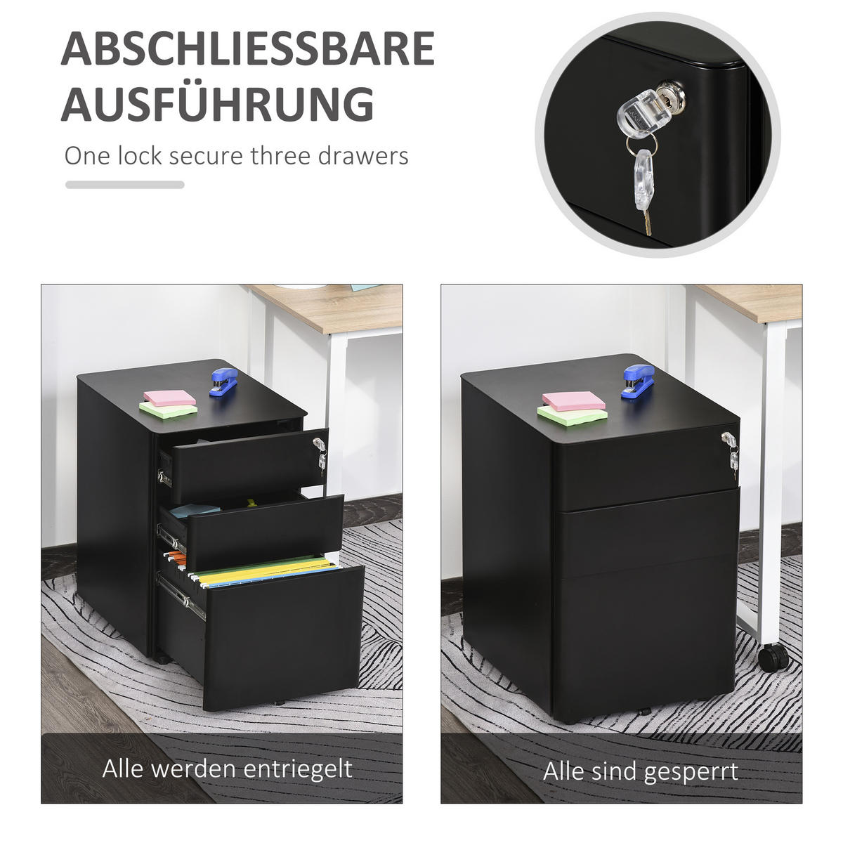 AKTENSCHRANK mit 3 Schubladen, Stahl, Schwarz, 39 x 48 x 59 cm - Schwarz, Metall (48/59/39cm) - Vinsetto