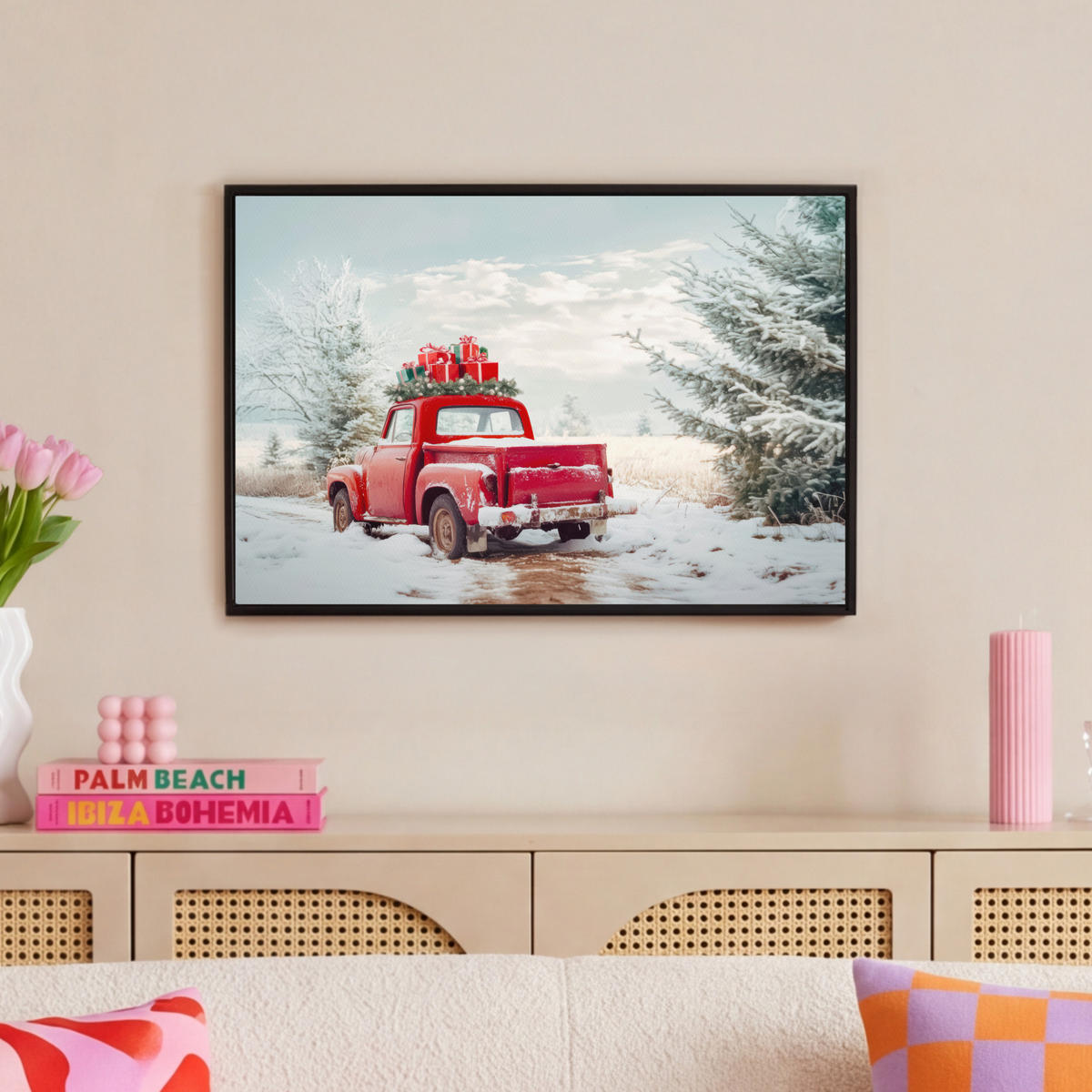 LEINWAND Bilder mit Rahmen - Auto - Rot - Geschenke - Winter - Schnee - Weihnachten - 60x40 - Rot, Textil (60/40cm) - MuchoWow