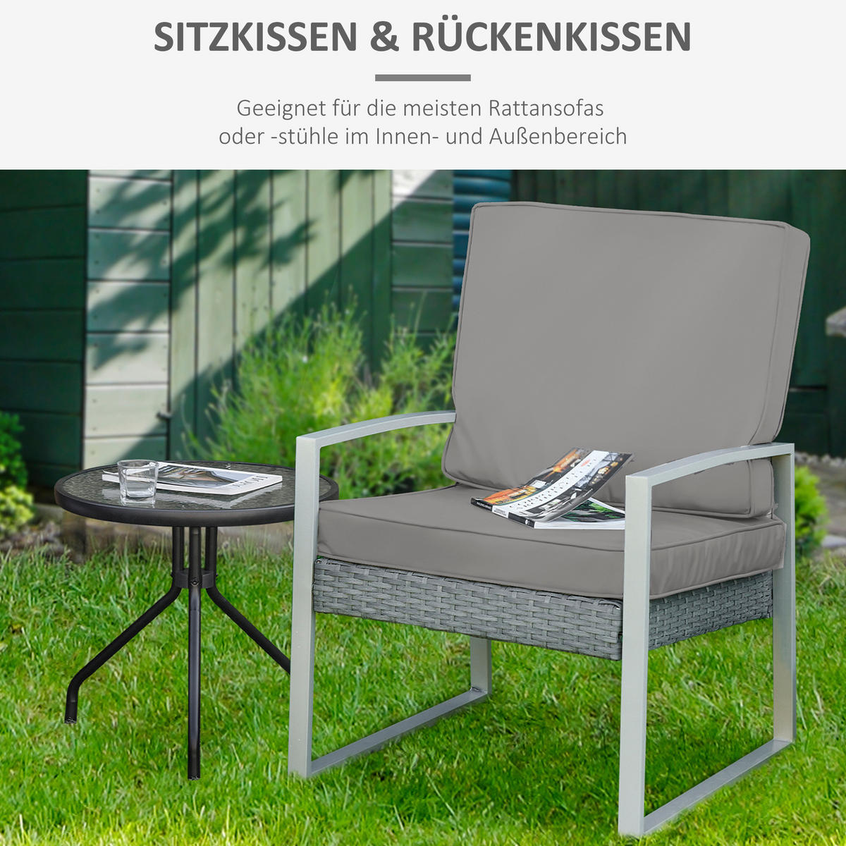 SITZKISSEN 2er-Set 56 x 52 cm - Hellgrau, Kunststoff (52/7/56cm) - Outsunny