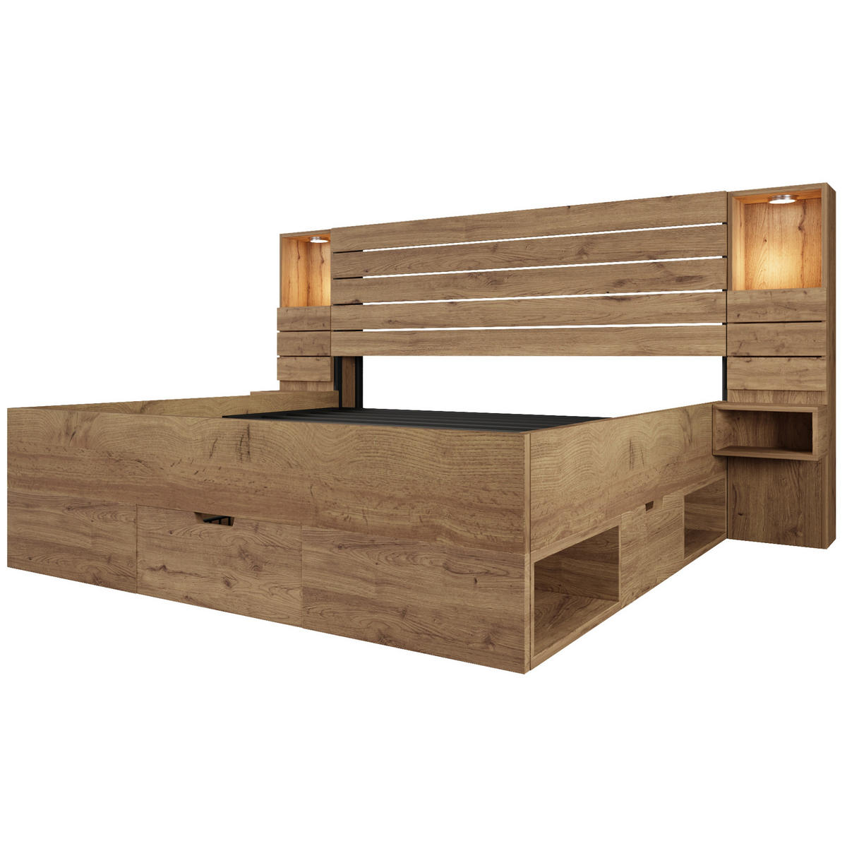 MANŽELSKÁ posteľ 180/200 cm dubová s LED osvetlením, USB a USB-C portmi, nočnými stolíkmi a úložným priestorom z MDF a kovu - farba duba, kompozitné drevo (180/200cm) - OKWISH