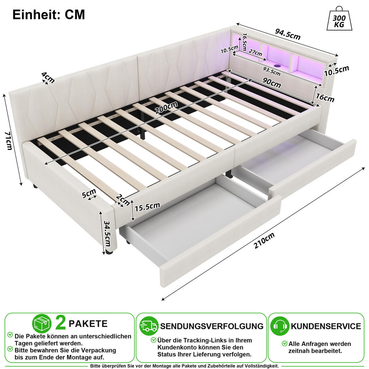 SCHLAFSOFA 90/200 cm in Beige Leinen mit 2 Schubladen, LED, USB, Typ-C und Ablagefächern - Beige, Holzwerkstoff/Textil (90/200cm) - CHICFURN