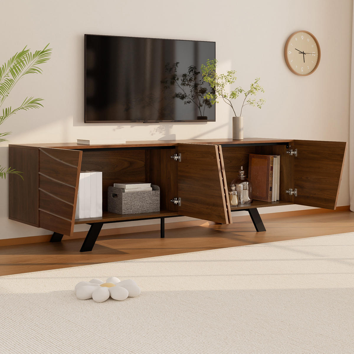 TV-SCHRANK in Walnuss-Look mit Wellenfront und Eisenbeinen 160/39/50.5 cm - Walnussfarben, Holzwerkstoff (160/50.5/39cm) - Redom