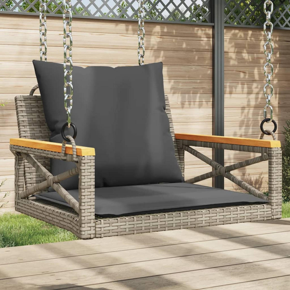 HÄNGESESSEL mit Kissen Grau 63x62x40 cm Poly Rattan - Grau, Holz (63/40/62cm) - furnicato