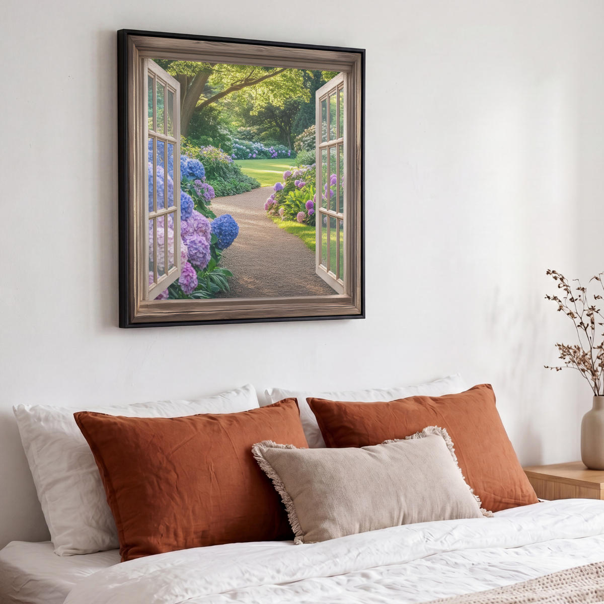 LEINWAND Bilder mit Rahmen - Aussicht - Garten - Fenster - Hortensie - Blumen - 50x50 - Pastellblau, Textil (50/50cm) - MuchoWow