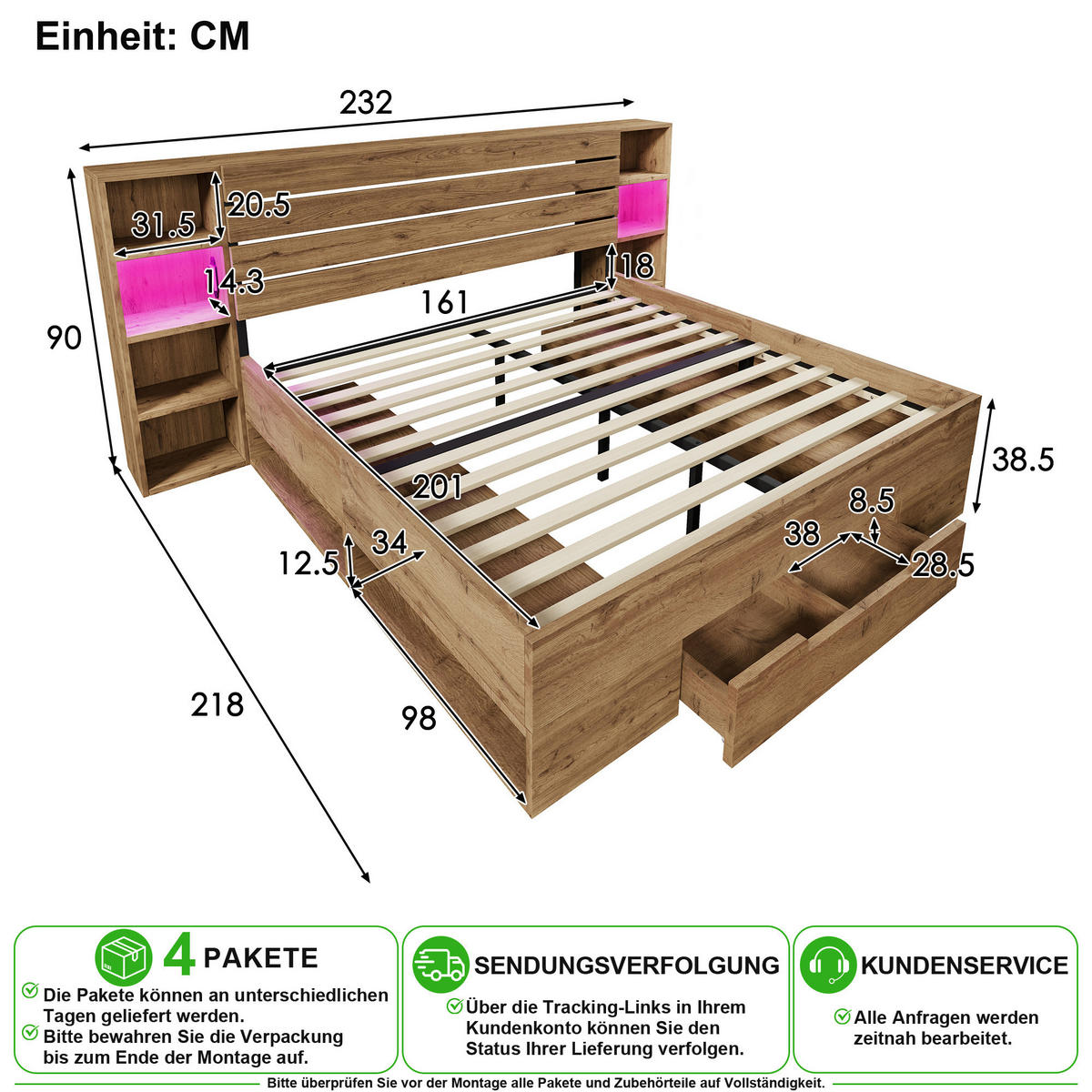 BETTANLAGE 160/200 cm in Eiche mit LED, USB, Type-C und 2 Schubladen - Eichefarben, Holz/Holzwerkstoff (160/200cm) - CHICFURN