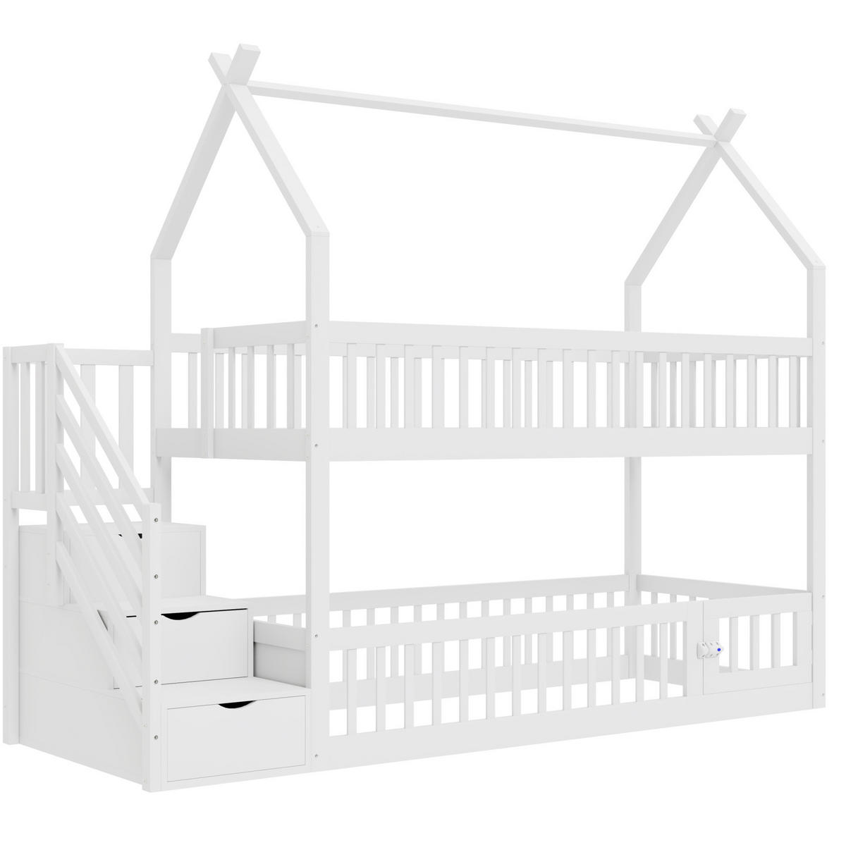 ETAGENBETT aus Massivholz 90x200 cm in Weiß mit Treppe & Schubladen - Weiß, Holz (90/200cm) - Modfu