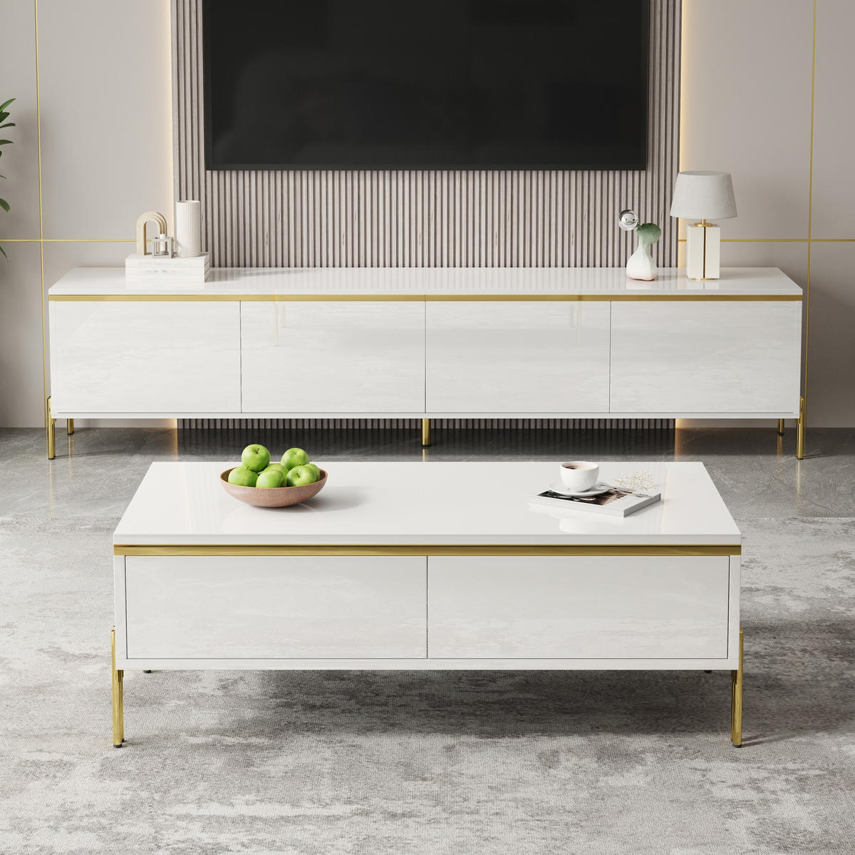 TV- & COUCHTISCH-SET Hochglanz Goldkante Stauraum modern Luxus - Weiß, Holzwerkstoff (38/50/170cm) - FLIEKS