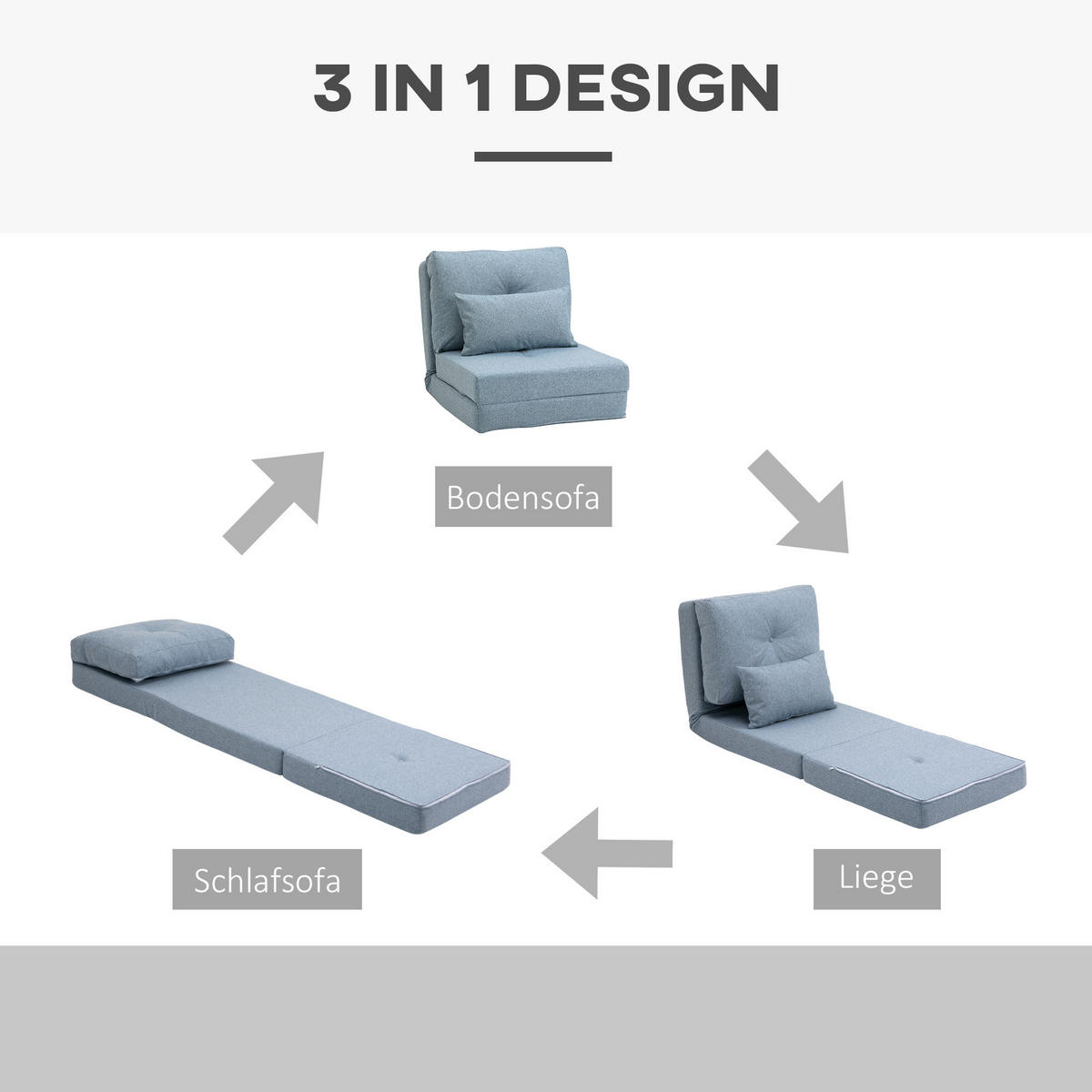 BODENSESSEL 2-in-1 Klappmatratze mit verstellbarer Rückenlehne Metall Himmelblau - Blau, Metall (60/56/80cm) - HOMCOM