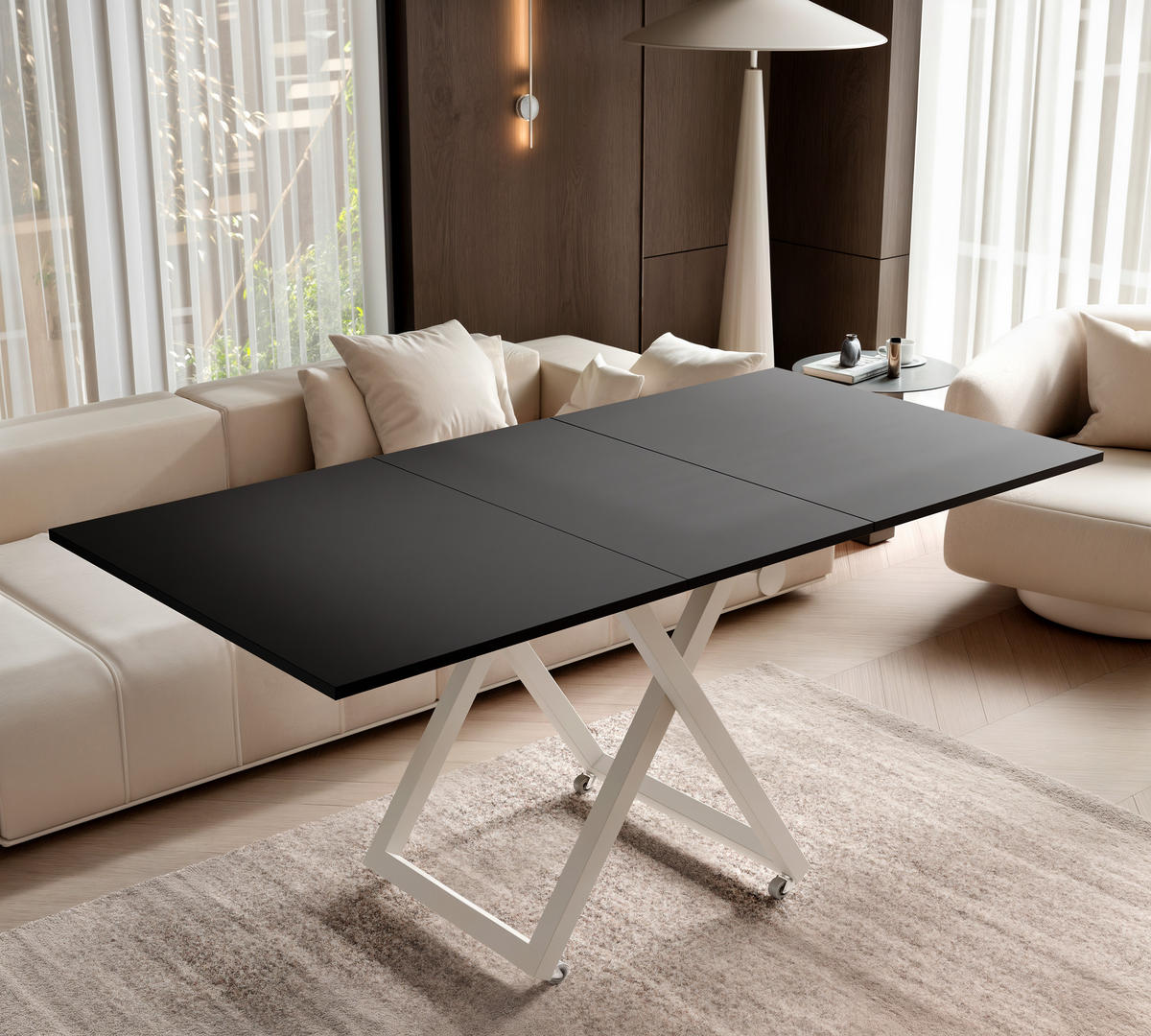 COUCHTISCH ARIA 120-160/80 cm, Höhenverstellbar, Kaschmir / Schwarz - Kaschmir/Schwarz, Holzwerkstoff/Metall (120/80/38cm) - Idohome
