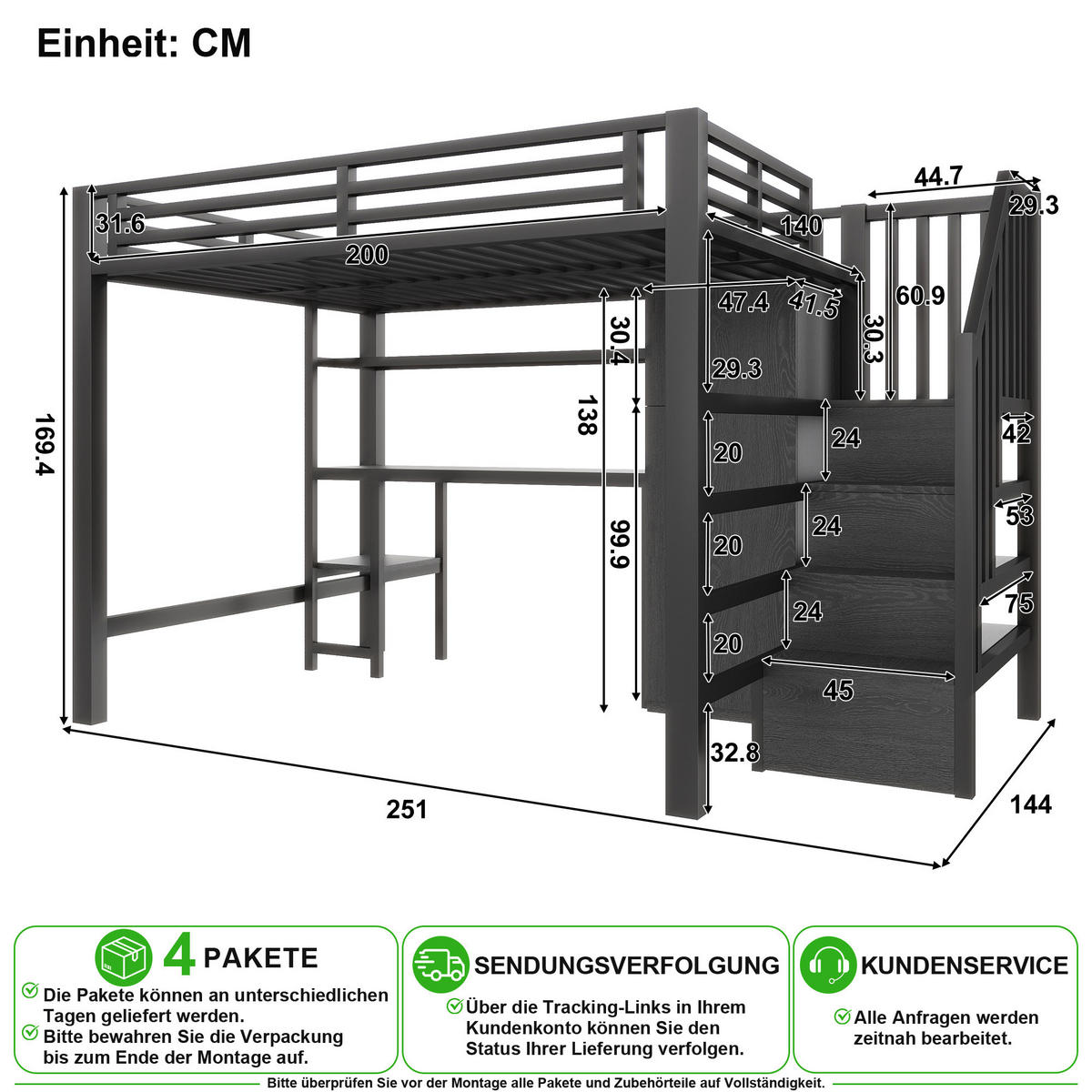 HOCHBETT 140/200 cm in Schwarz mit Schreibtisch, Regal und Kleiderschrank aus Metall - Schwarz, Holzwerkstoff/Metall (140/200cm) - CHICFURN