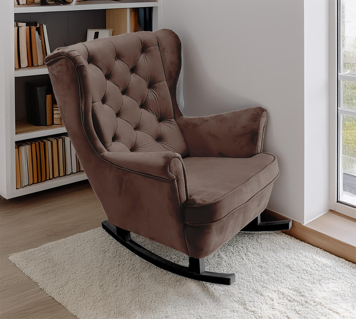 SCHAUKELSESSEL mit gepolstertem Sitz und Armlehnen, 102x81x95 cm, Braun_29815 - Dunkelbraun/Schwarz, Holz/Textil (81/102/95cm) - DomoHome