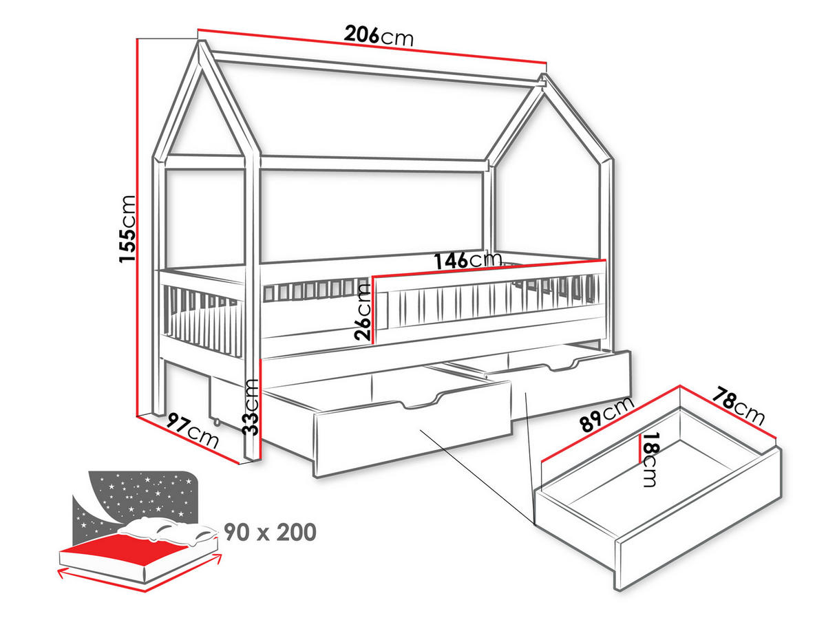 HAUSBETT Gaja 90 - Grau, Holz (90/200cm) - MIRJAN24