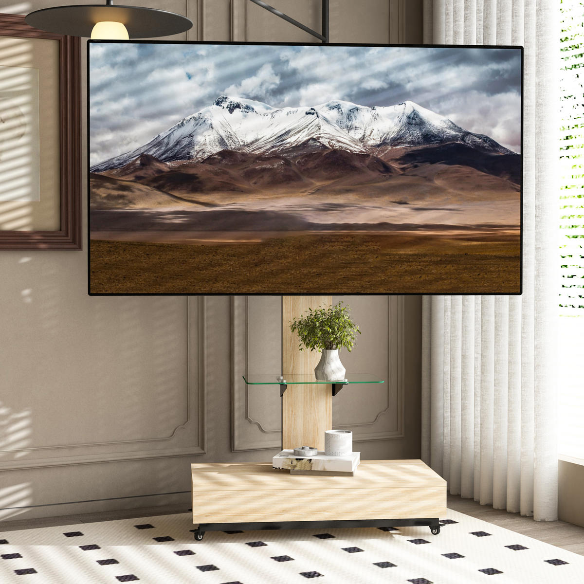 TV-HALTERUNG auf Rollen für 32–75 Zoll – höhenverstellbar & schwenkbar - Hellbraun, Holzwerkstoff (80/150/40cm) - BEAOK