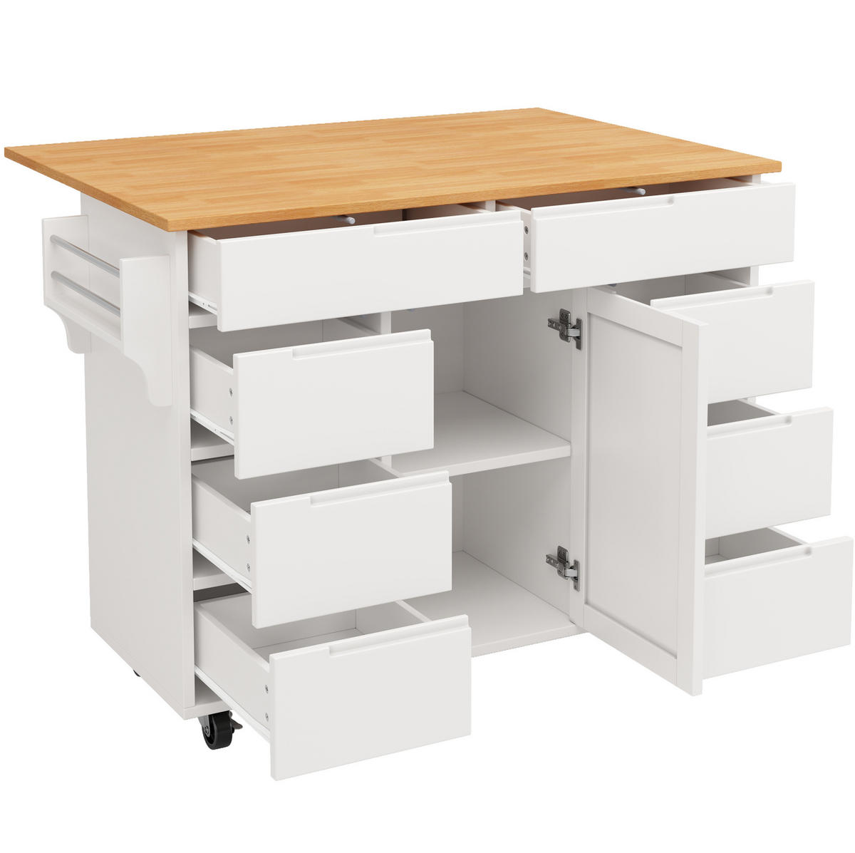 KUHINJSKI voziček 122/46/91,5 cm z zložljivo ploščo, 8 predali, omarico in kolesi iz MDF, Bela - bela, leseni material (122/91.5/74.5cm) - Redom
