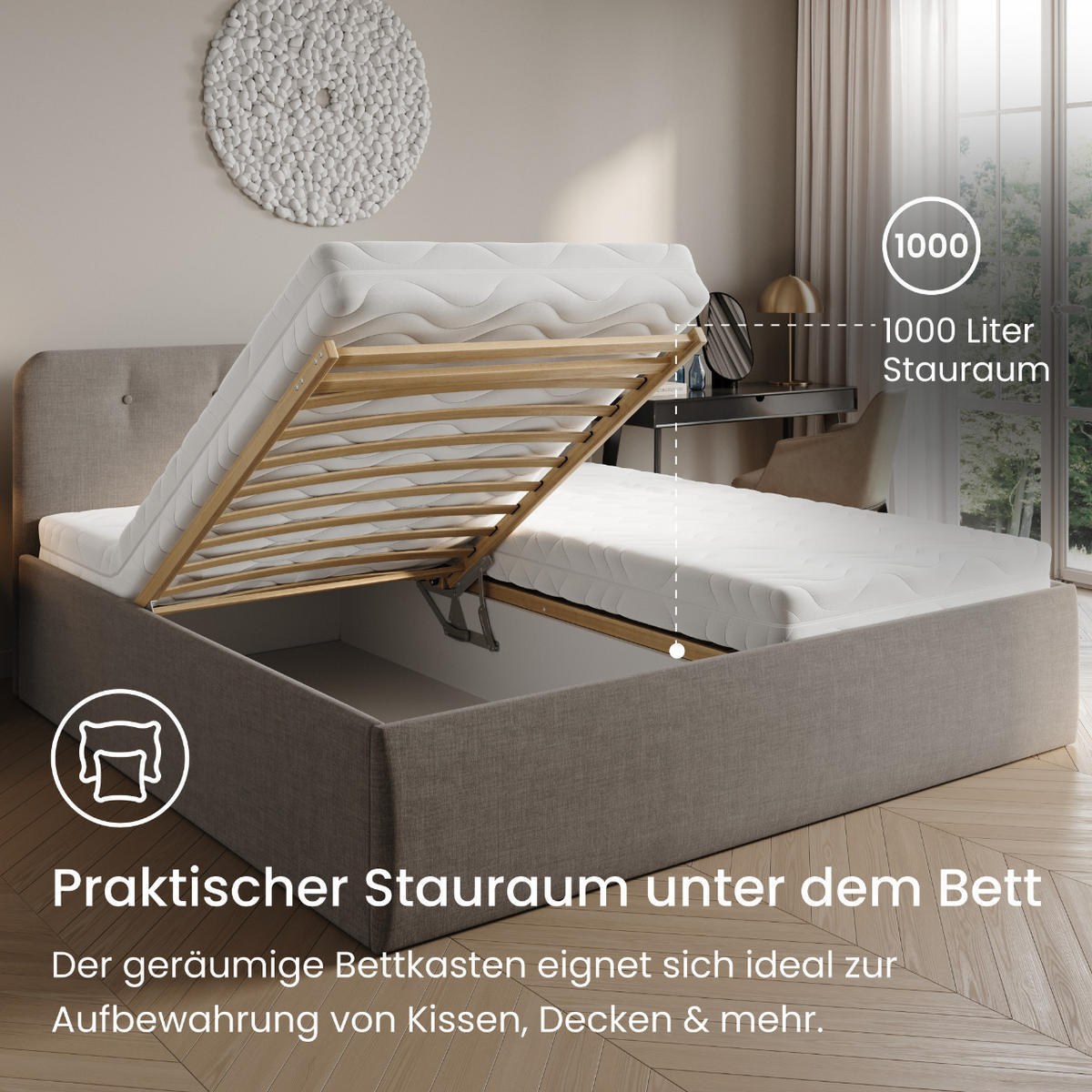 POLSTERBETT mit verstellbarem Lattenrost & Bettkasten, Bonnell-Matratze, 200 x 200 cm in Beige - Beige, Holzwerkstoff/Textil (200/200cm) - Home Collective