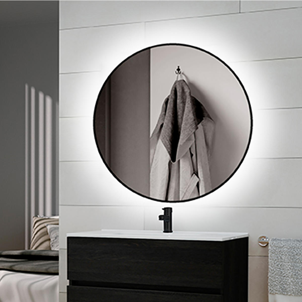 SPIEGEL Zeus mit LED Beleuchtung und schwarzem Rahmen, durchmesser 80 cm, AC 230V 50Hz, 12 W - Multicolor, Metall (86.5/8/88.5cm) - EMUCA