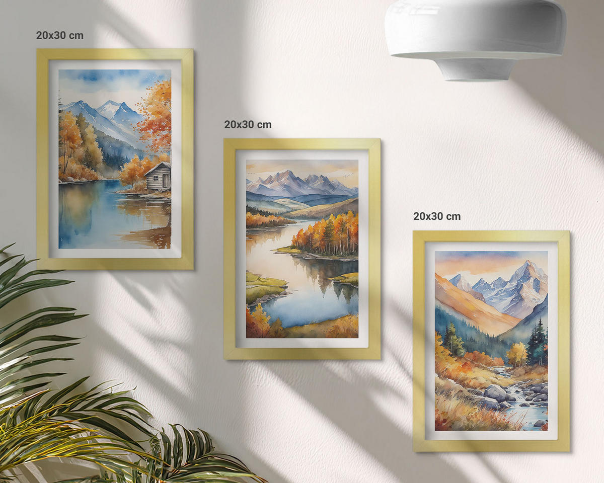 BILDER SET 3er Set - 20x30 cm Goldrahmen - Gebirgsflüsse, Herbstbäume - Goldfarben, Kunststoff (20/30cm) - TULUP