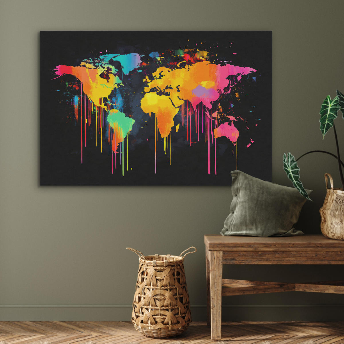 AKUSTIKBILD Weltkarte - Farbe - Bunt - Graffiti - Welt Akustikpaneele 90x60 cm - Multicolor, Kunststoff (90/60/0.9cm) - MuchoWow