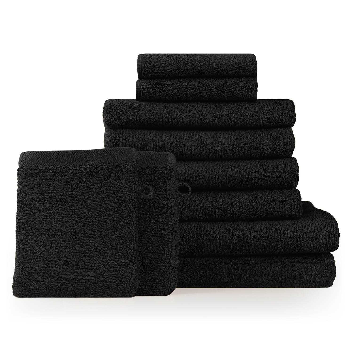 HANDTUCH 8-teilig, 2x Badetuch 70/140 + 4x Handtuch 50/100 + 2x Gästetuch 30/30 + 2x Waschlappen 15/20 cm, Schwarz - Schwarz, Textil (70/140cm) - Blumtal