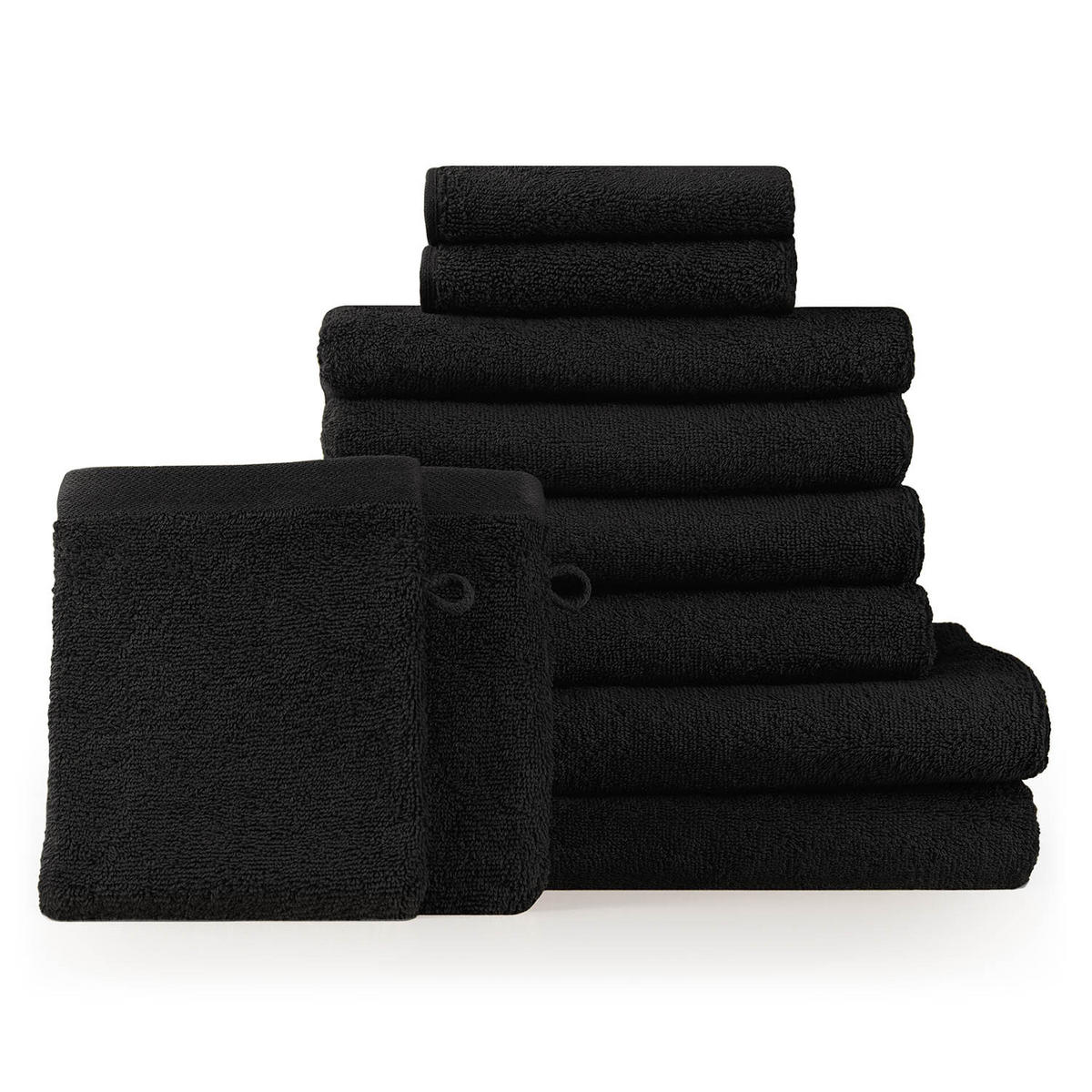 HANDTUCH 8-teilig, 2x Badetuch 70/140 + 4x Handtuch 50/100 + 2x Gästetuch 30/30 + 2x Waschlappen 15/20 cm, Schwarz - Schwarz, Textil (70/140cm) - Blumtal