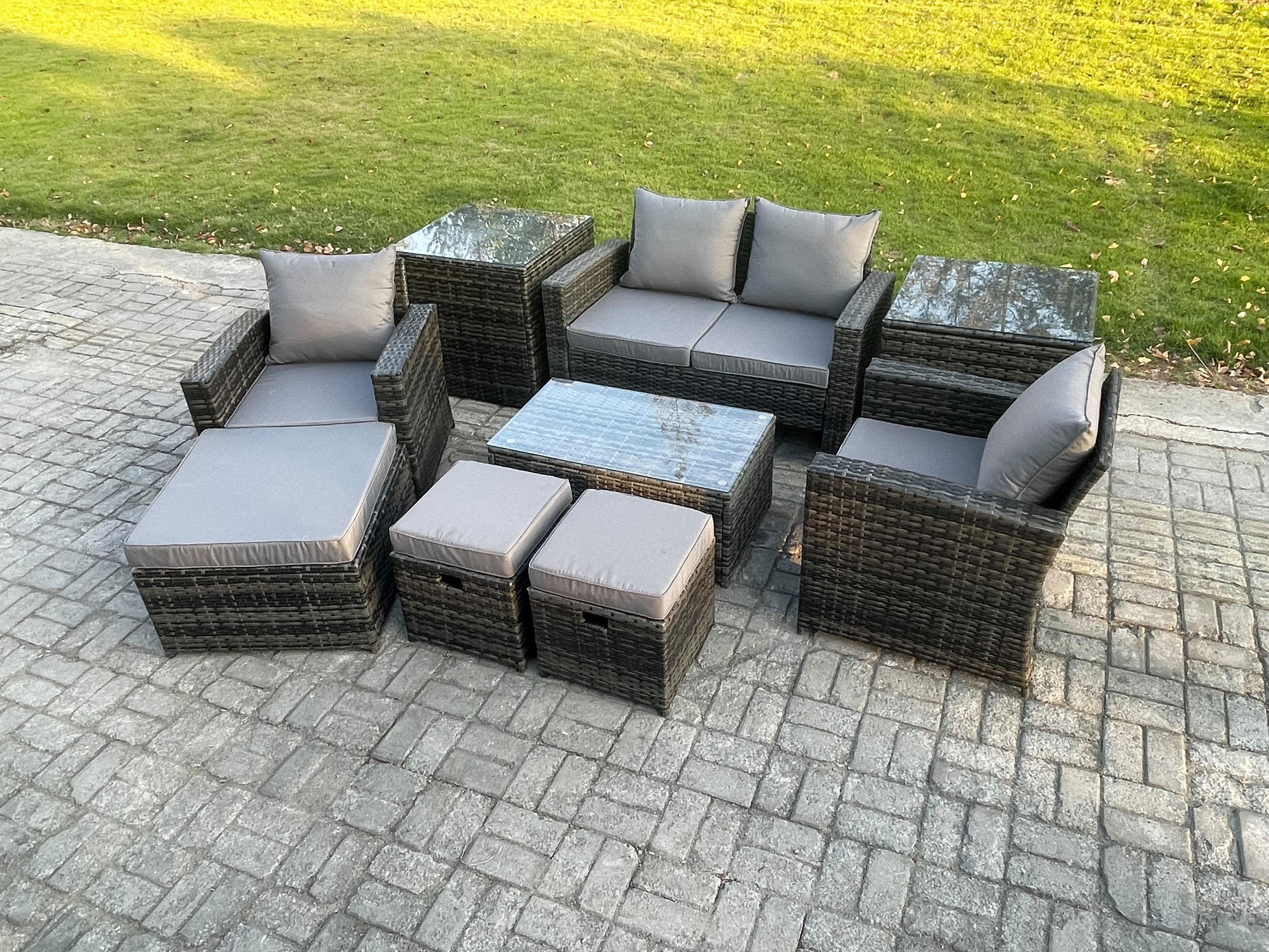 GARTENSOFA Hohe Rückenlehne Polyrattan Dunkelgrau 7-Sitzer - Dunkelgrau, Metall - Fimous